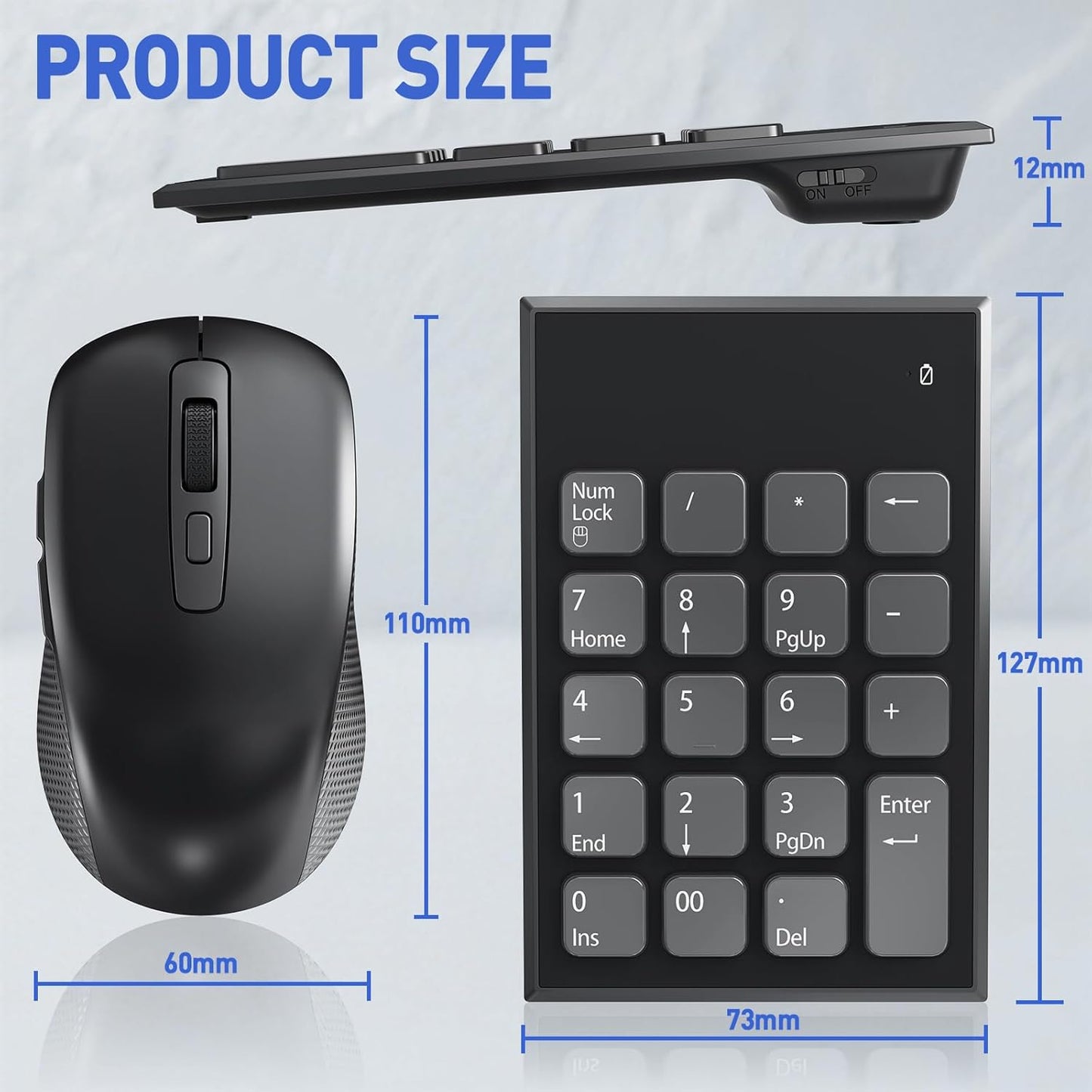 Yeemie Pro 19 3 2.4GHz Wireless Number Pad and Mouse Combo, Key USB Keypad and Adjustable DPI Silent Mouse, Ultra Slim