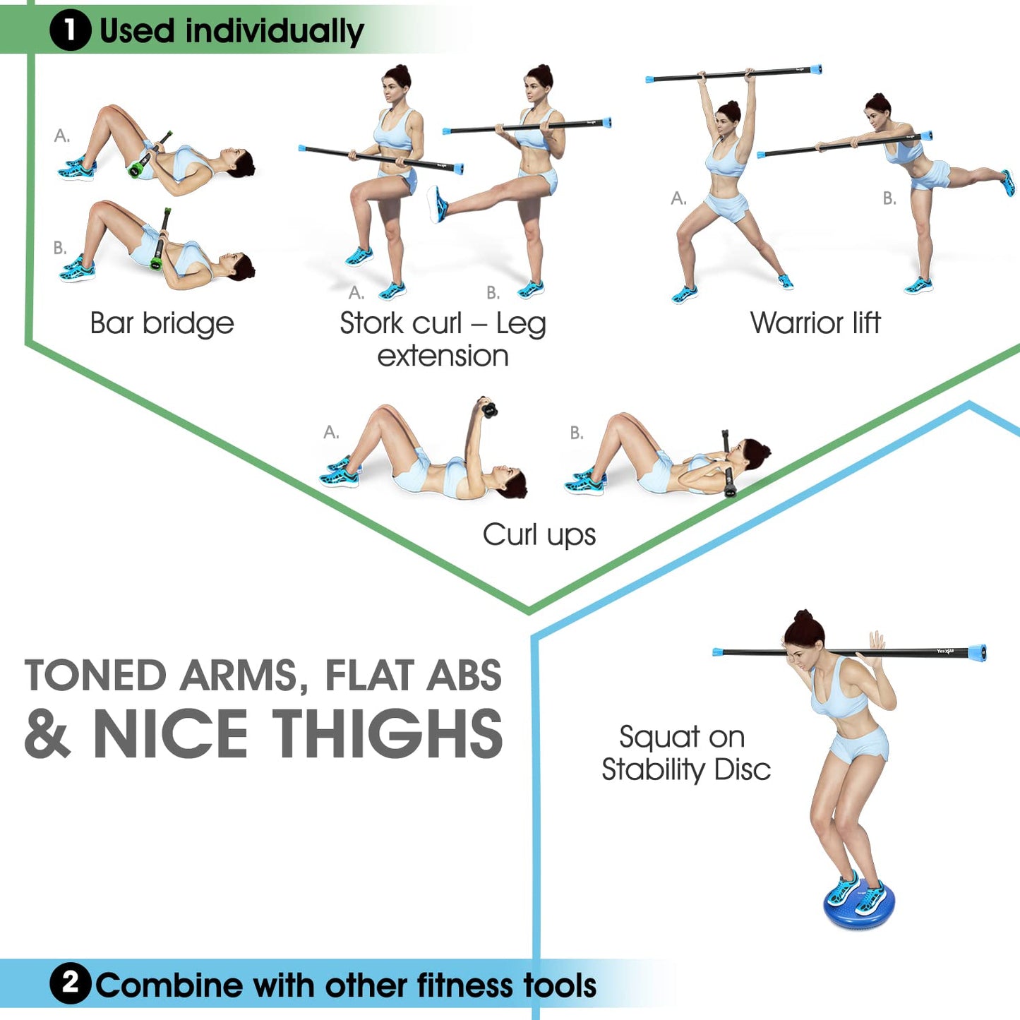 Yes4All Total Body Workout Weighted Pilates Bar, Body Bar For Exercise, Therapy, Aerobics, and Yoga, Strength Training, Set of 5 + 8 +12lbs