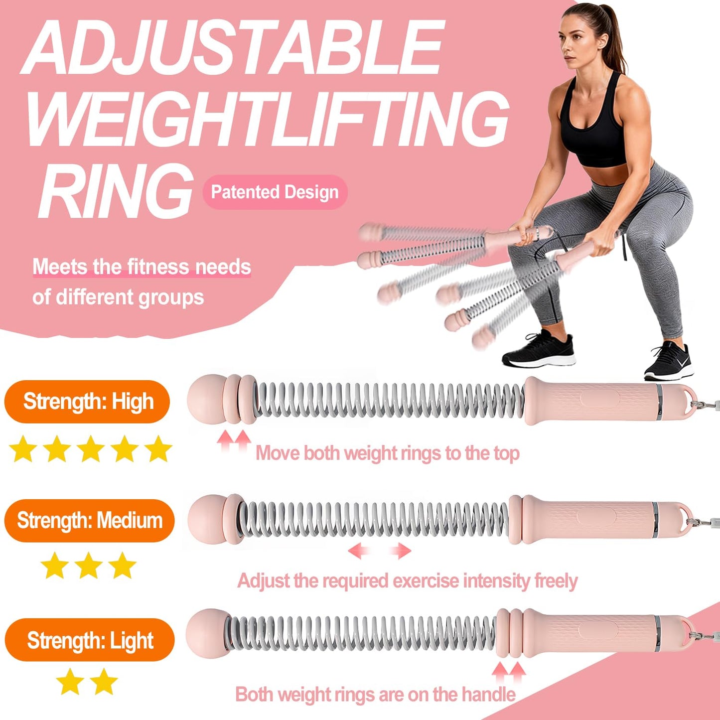 Upgrade Portable Ropeless Battle Ropes - Adjustable Weights Cordless Battle Ropes for Home Gym with Training Poster - Battle Rope Sticks Exercise Equipment for Low-Impact Workout, HIIT & Cardio - Pink