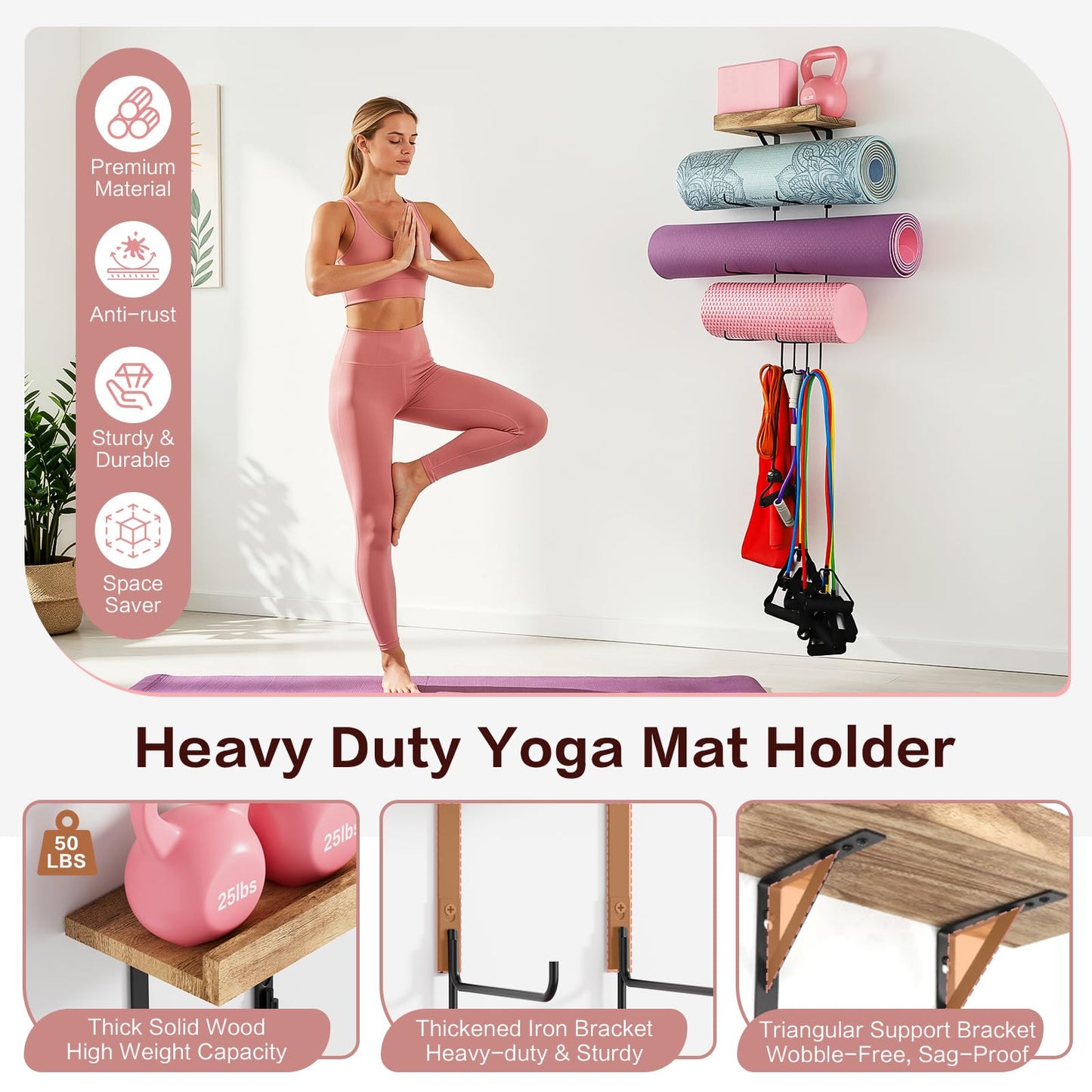 VINAEMO Yoga Mat Holder Accessories Wall Mount Organizer Storage Decor Foam Roller and Towel Storage Rack with 4 Hooks and Wooden Shelves Yoga Mats Rack Resistance Bands for Home Gym School Office