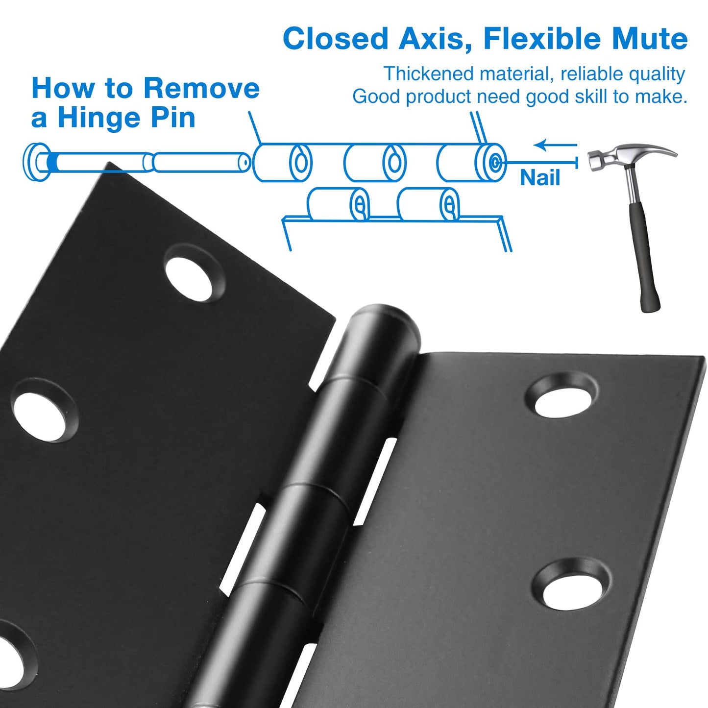 12 Pack 3 1/2 Inch Matte Black Door Hinges 3.5" Interior Square Iron Bifold Silver Standard Residential 3 ½"Satin Nickels Hinge for Doors Hardware Kit Tool Office Bedroom Study Living Room Decor