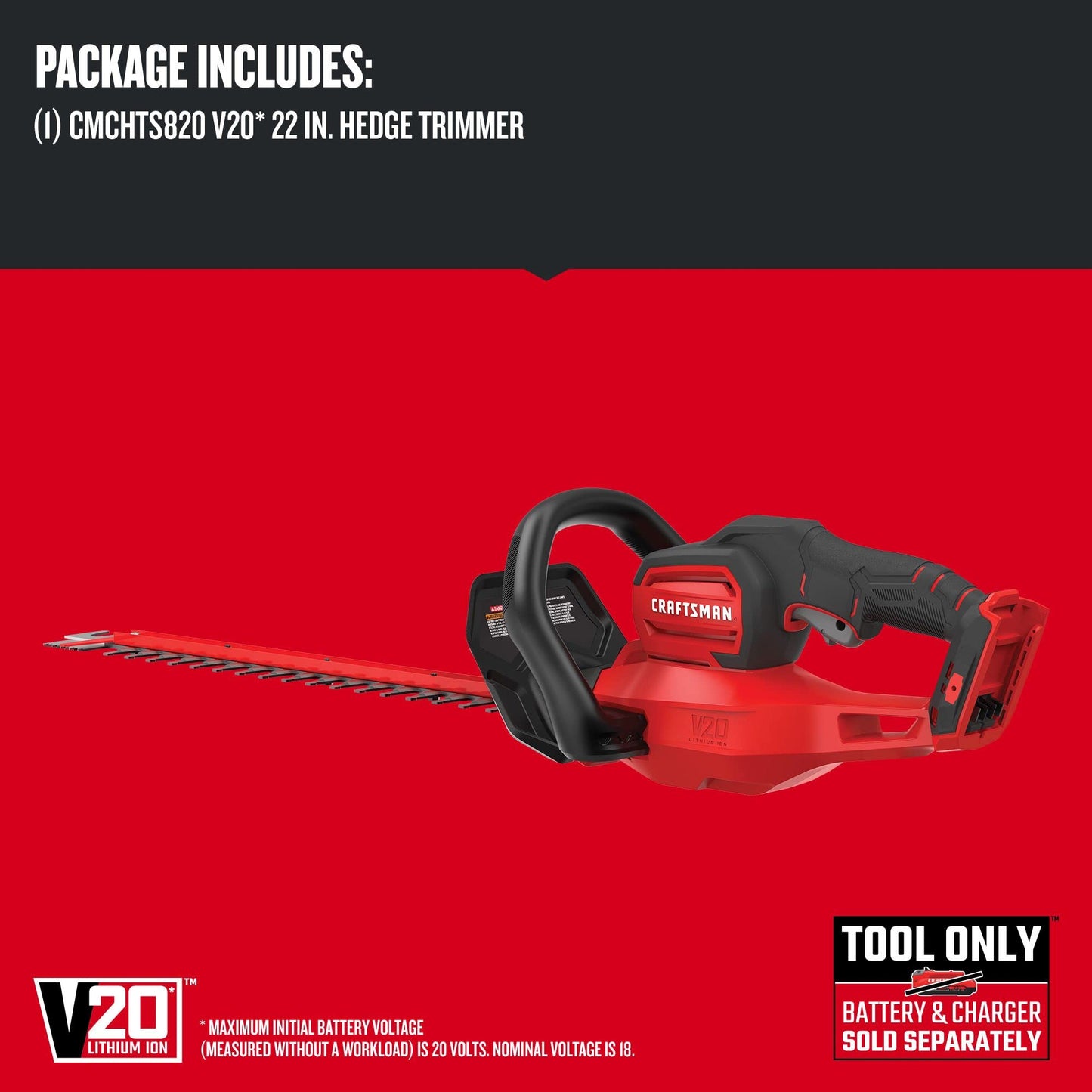 CRAFTSMAN V20 Cordless Hedge Trimmer, 22 inch, Bare Tool Only (CMCHTS820B)