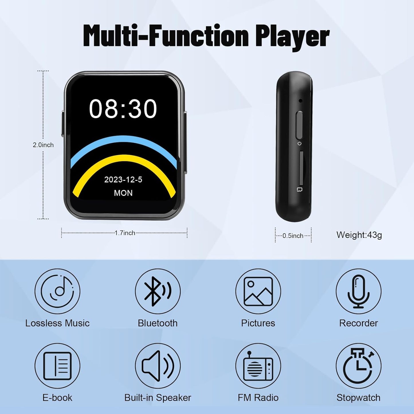 AiMoonsa 128GB MP3 5.3, 2.0 Player with Bluetooth Portable Digital Lossless Music Player with Built-in Speaker, in Full