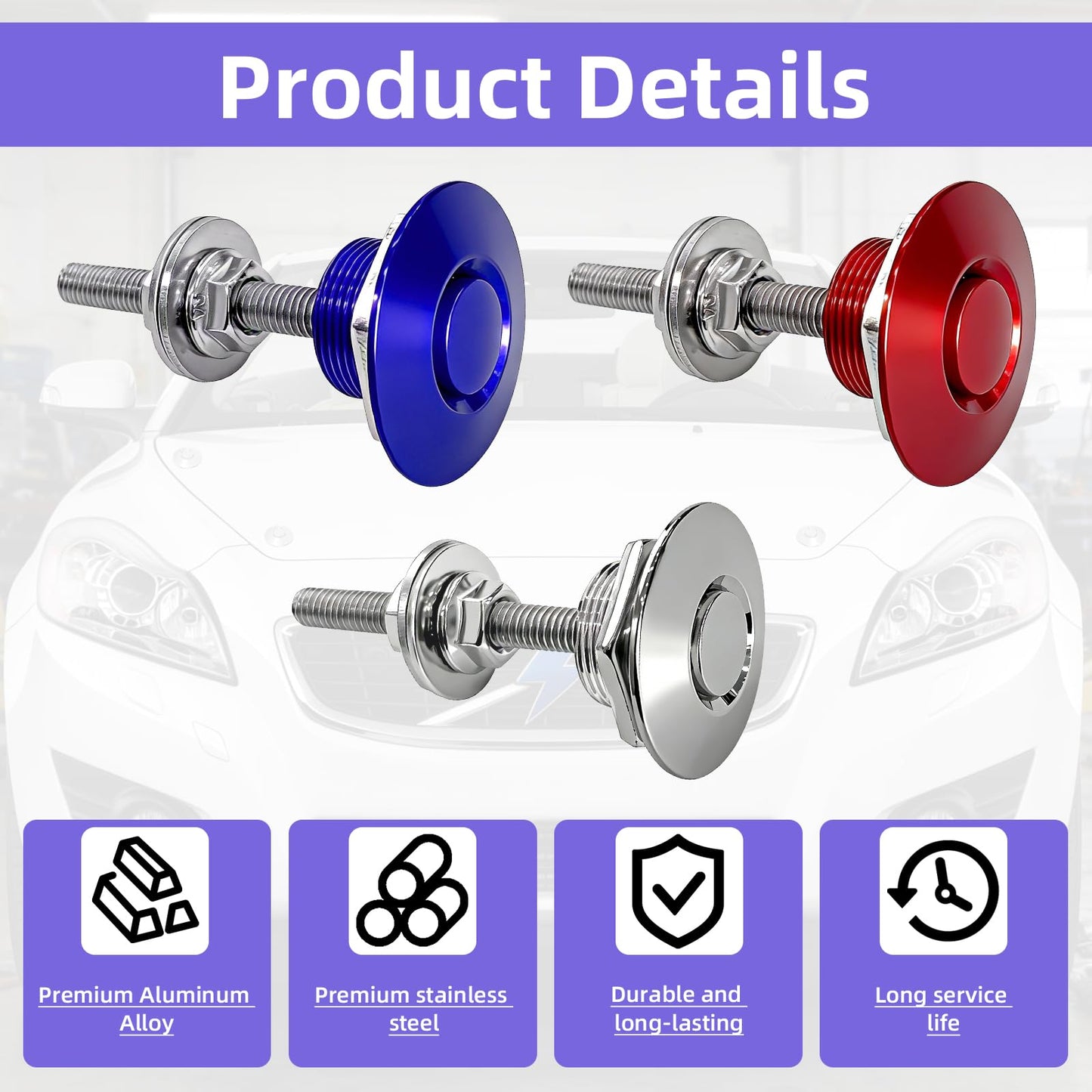6Pack Quick Release Latch Universal 1.25in Diameter Aluminum Alloy Car Hood Pins Lock Clip Kit for Bumper Hood License Plate (Pack of 6pcs, Red, Silvery, Blue)
