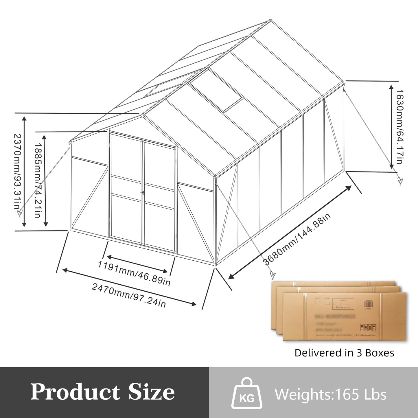YOPTO 8x12T Greenhouse,Outdoor Polycarbonate Greenhouse with Roof Vent & Drainage System,Heavy Duty Aluminum Walk-in Green Houses for Outside Garden Backyard,Easy Assembly,Black