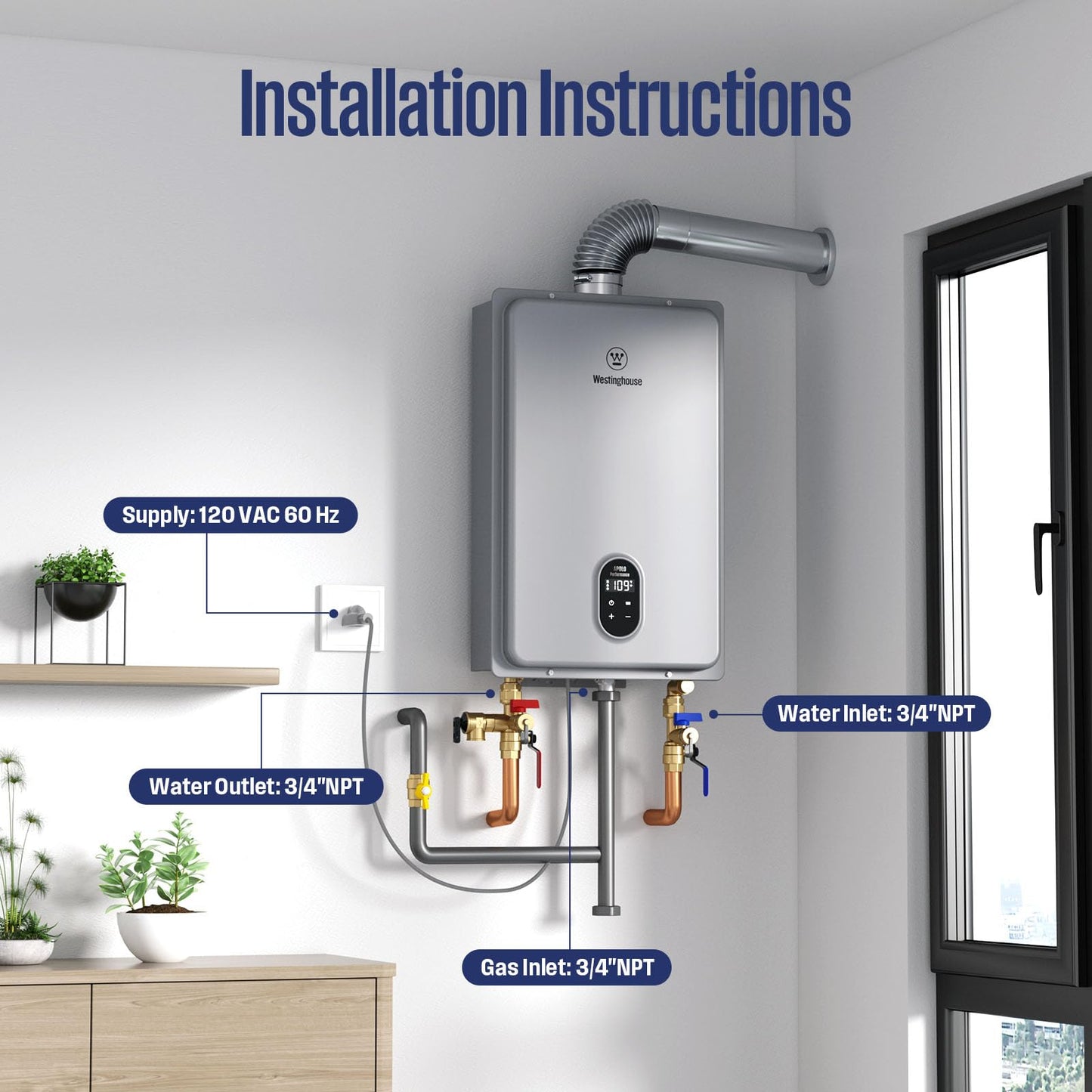 Westinghouse Smart Tankless Water Heater Propane Indoor, 5.1 GPM 120,000 BTU Whole Home Instant Hot Water Heater, WiFi App Control, ±1°F Temperature Stability, Non-Condensing for 2-4 Fixtures