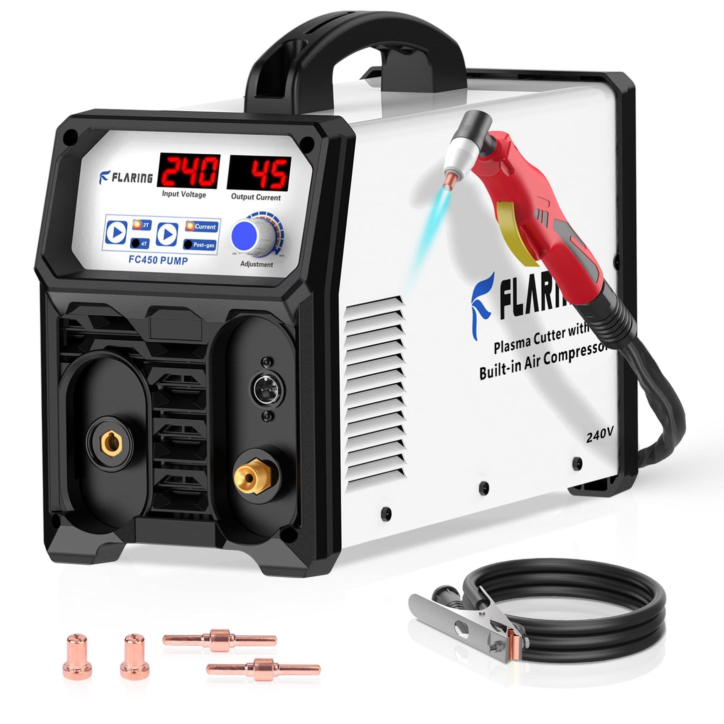 FLARING 240V Plasma Cutter With Built In Air Compressor 45A IGBT Inverter Digital Plasma Cutting Machine, 3/8 Inch Clean Cut And 5/8 Inch Max Cut High Frequency (No External Compressor Needed)