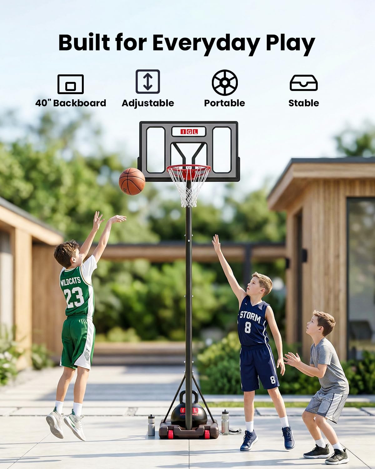 IGL Portable Basketball Hoop for Backyard, Driveway | 3-10ft Adjustable Height for Kids Teens & Adults | 40" Polycarbonate Backboard, Fillable Base for Stability & Easy Mobility on Wheels