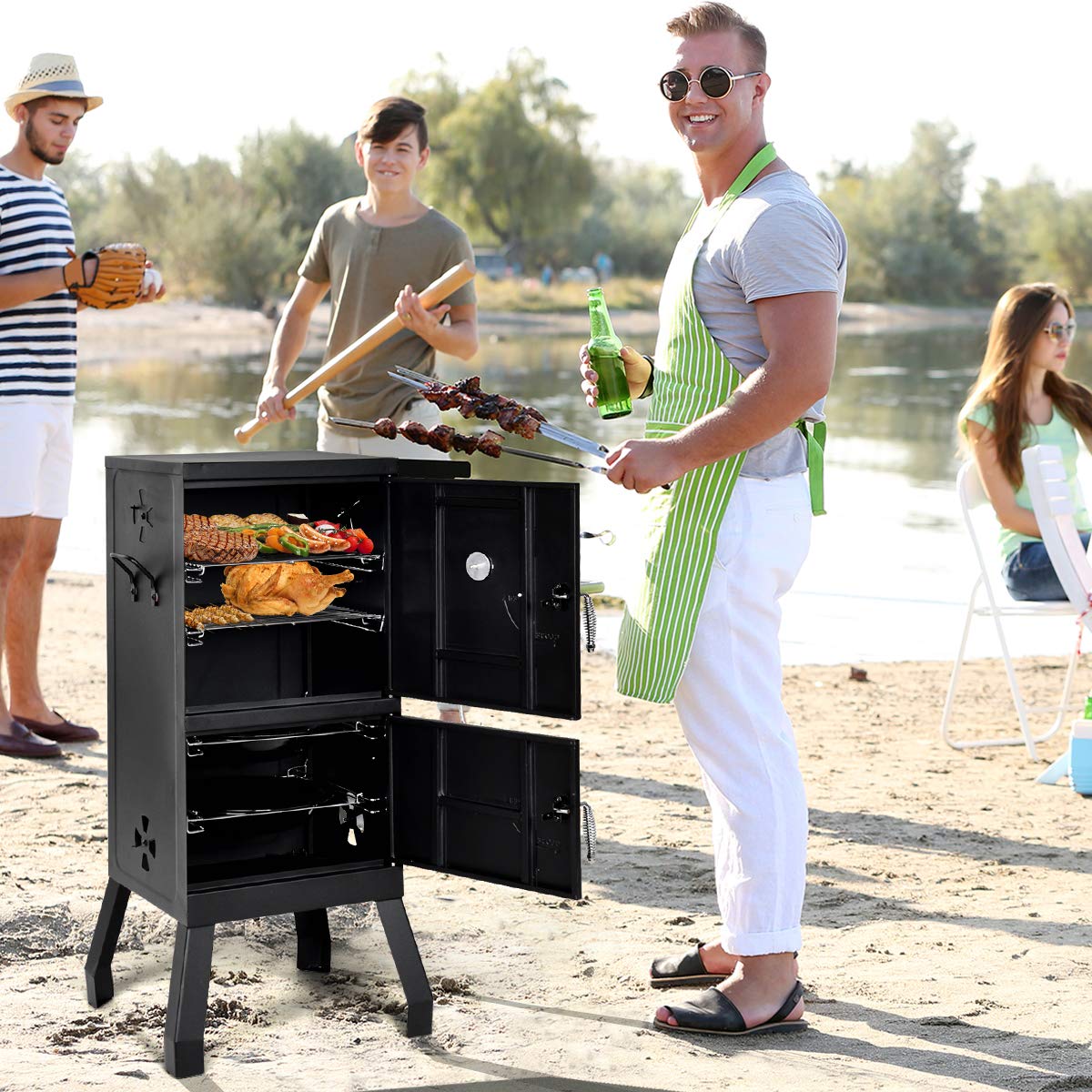 DORTALA Vertical Charcoal Smoker, Outdoors Charcoal Barbeque, Smoked Carbon Oven, Iron Structure, w/Two Chrome-plated Nets, Two Charcoal Pots, Suitable for Lawn Picnic, Backyard BBQ (Black)
