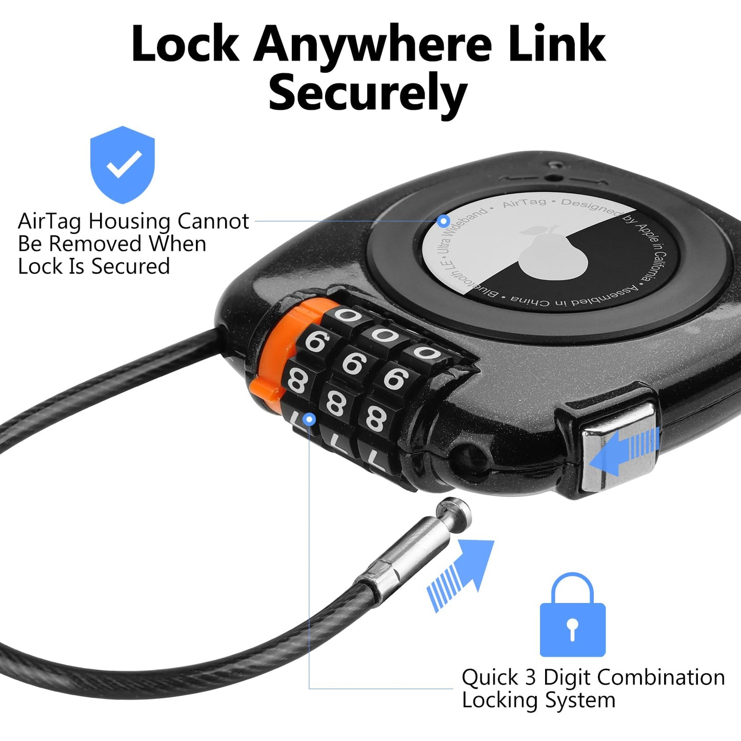 TUXON Compatible with Apple AirTag Secure Lock with Wire Cable, 3-Digit Combination Luggage Locks, Alloy Body Ultra Durable Anti-Lost Protective Case for Luggage, Bags, Suitcase, and Backpacks (BLACK)