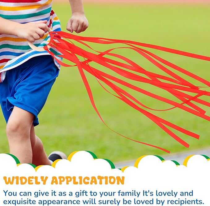 Deekin 12 Pcs Rainbow Ribbon Wooden Waldorf Toys Creative Waldorf Hand Kite Set Streamers with Wood Ring Sensory Learning Educational Toy for Playroom Dancing Birthday(Stylish Color)