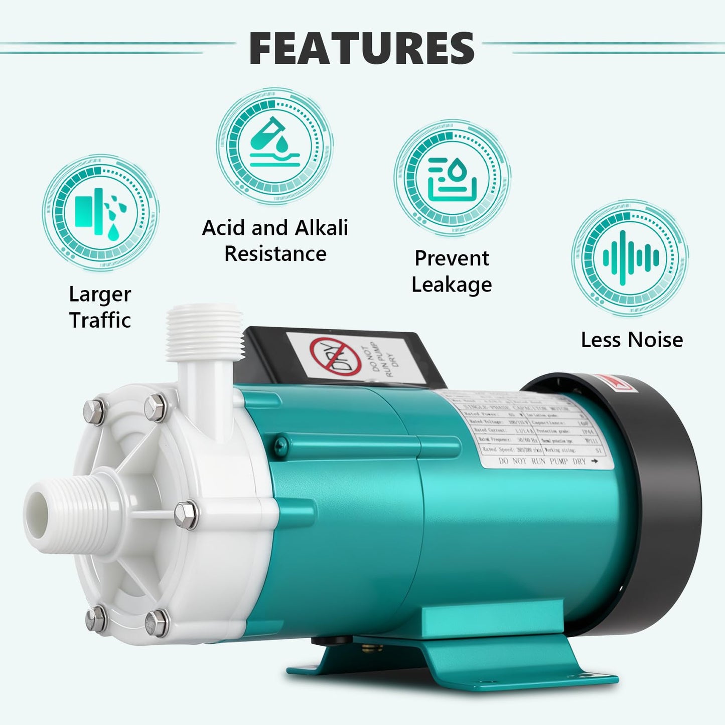 MXBAOHENG 824GPH Magnetic Drive Pump, 110V Circulating Water Pump, 65w Liquid Delivery Pump for Chemical Industry, Pharmaceutical Industry, and Electroplating Industry