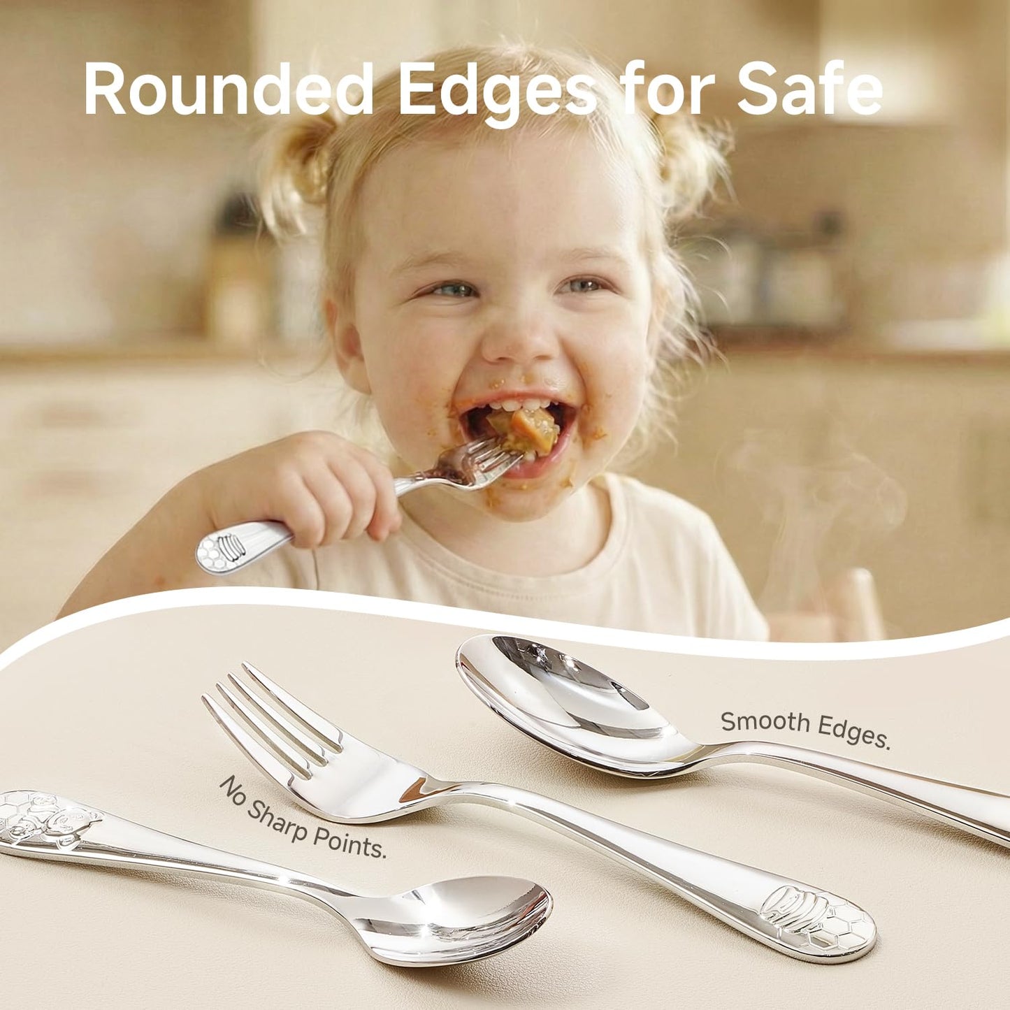 KINGSTONE Kids Silverware Set, 6-Piece Large Forks & Spoons, 18/10 Stainless Steel, Ergonomic Flatware for Self-Feeding Children, Home & Travel, Honey Bear Print