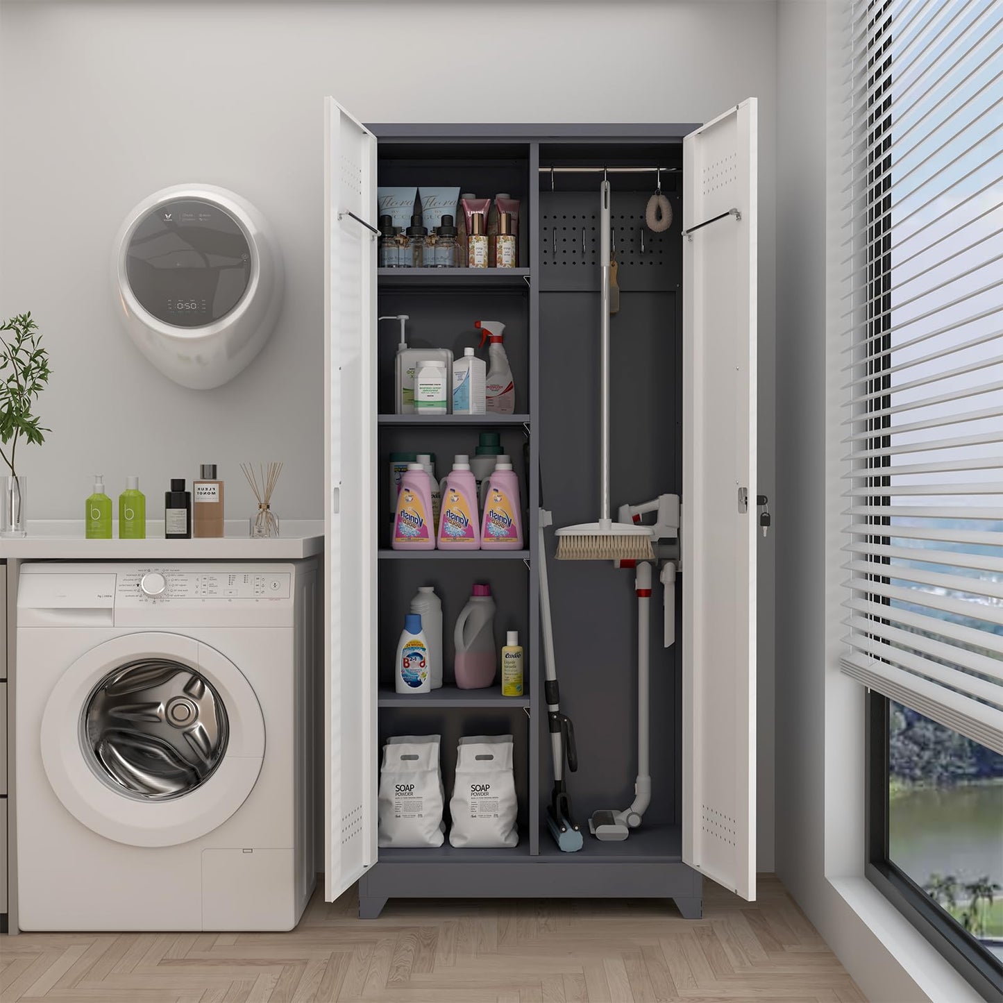 GREATMEET Metal Garage Storage Cabinet, 73" H Broom Closet Storage Cabinet, Locking Utility Cabinet with Doors and Shelves for Garage, Home, Grey White