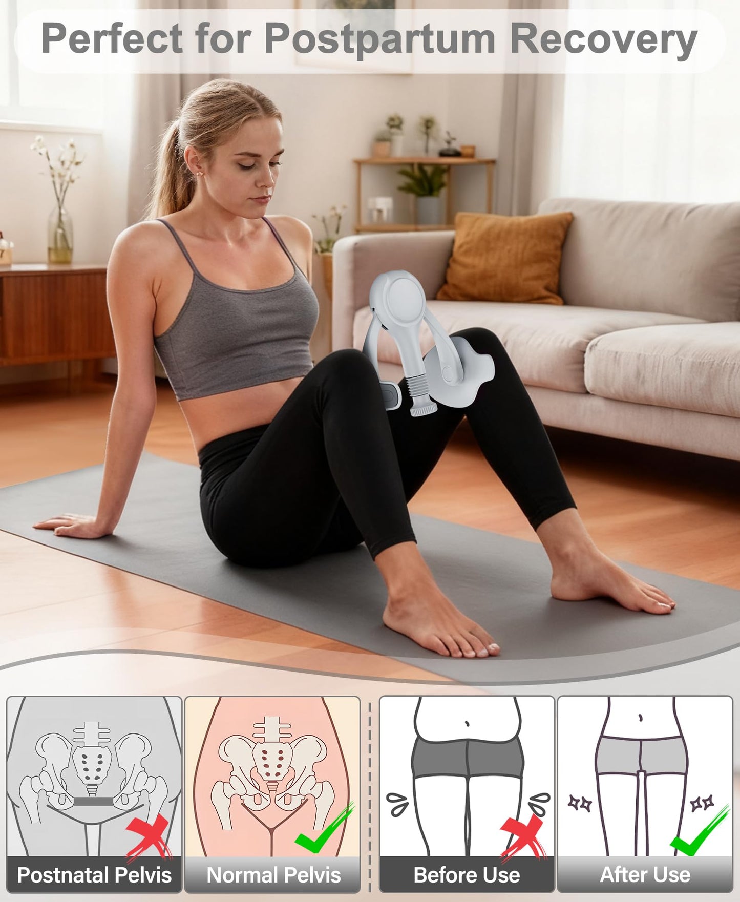 Pelvic Floor Exercise Devices Kegel Exerciser Muscle Trainer 15-70lbs Adjustable for Women/Men, Inner Thigh Exerciser Hip Abductor Machine with Resistance Band, Leg Workout (Grey)