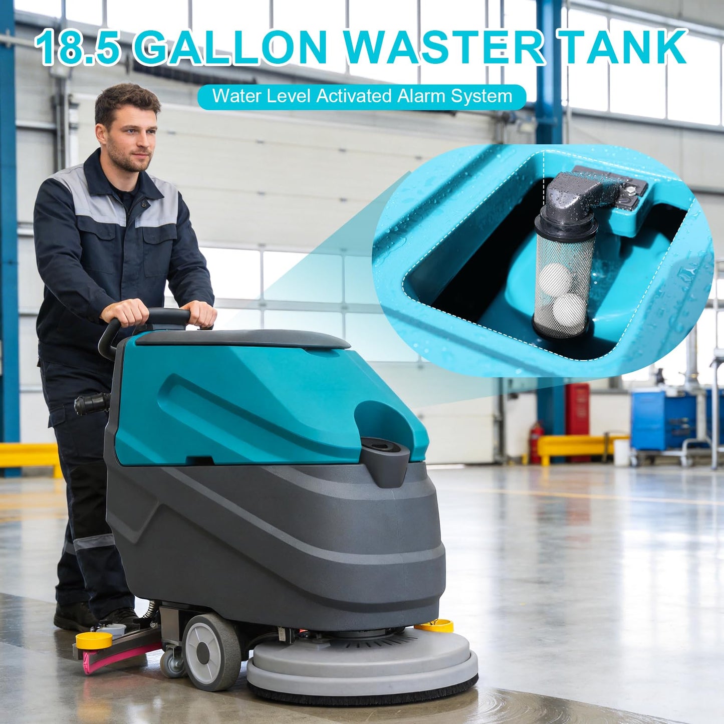 Walk-Behind Commercial Floor Scrubber Polisher Dryer Machine, Cleaning Width 22", Suction Width 31.5", 18.5-gal Sewage Tank, 32000 Sqft/h, Complete Set of Parts, for Hardwood, Tile & Hard Floors