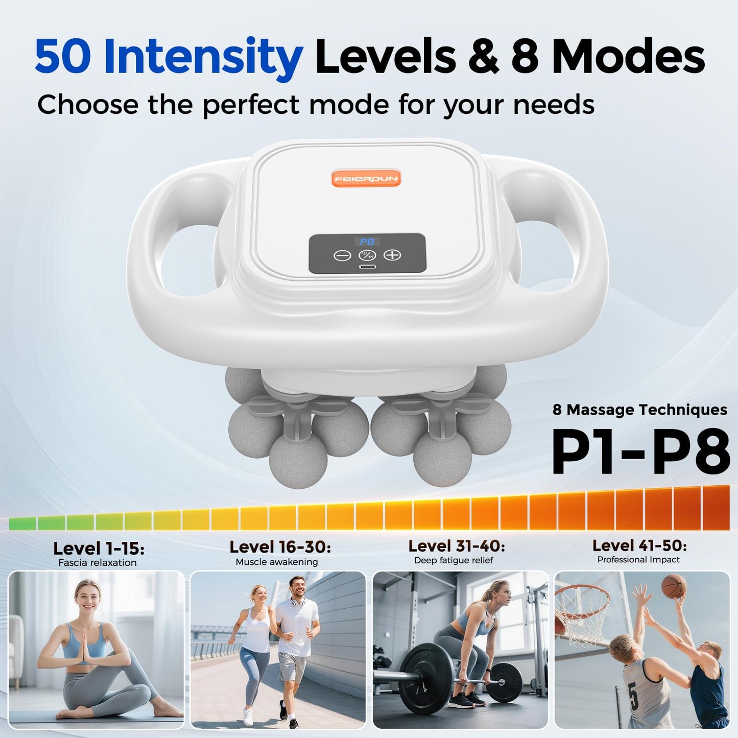 FEIERDUN 16-Head Massage Gun Set, Deep Tissue Percussion Massager with 8 Modes & 50 Intensities, Ultra-Quiet Electric Massage Tool for Back, Neck, Shoulders & Legs, Full Body Muscle Pain Relief, Gray