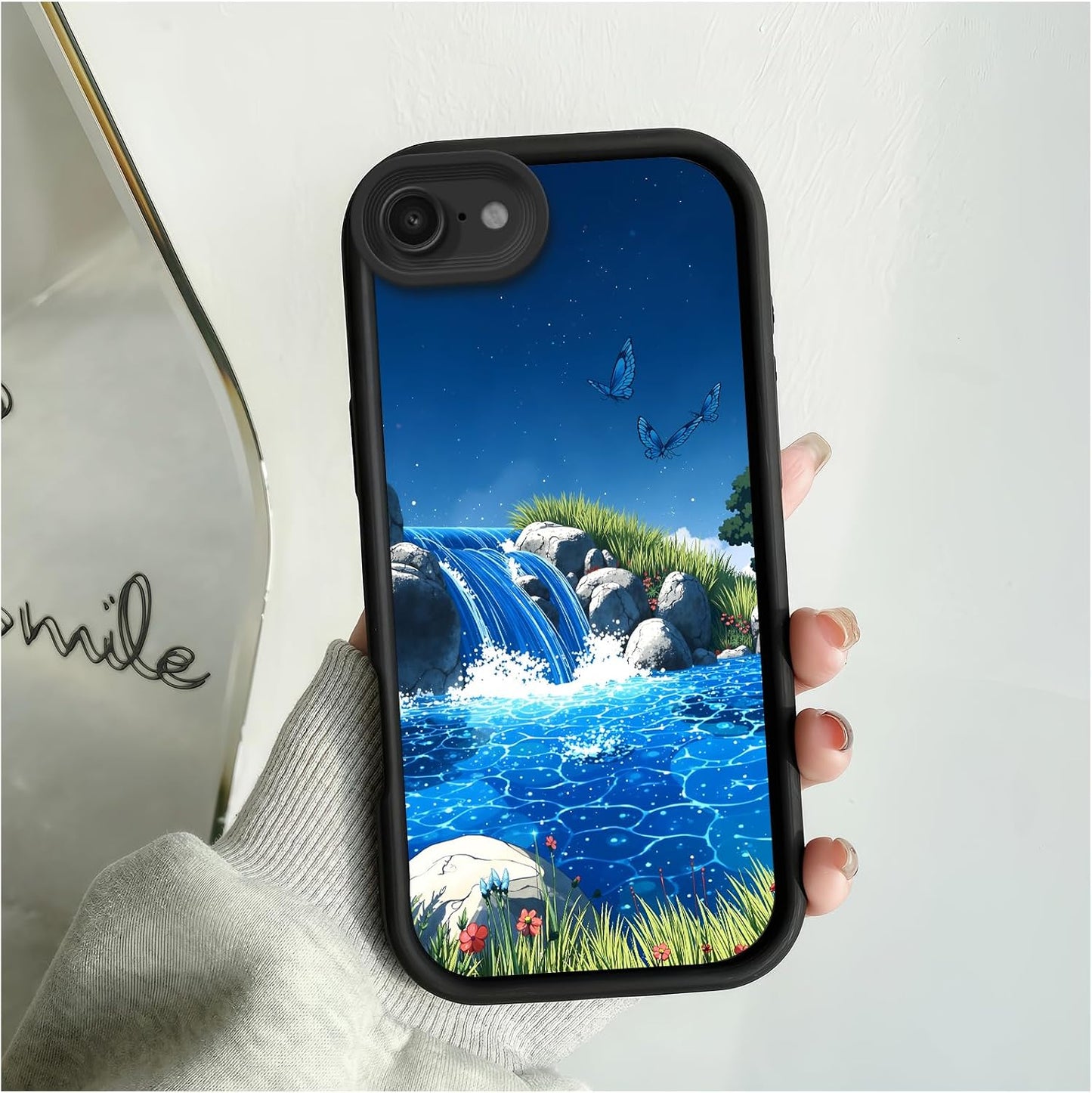 Branwen 16E 6.1 inch for iPhone Case Blue Waterfall Butterfly Soft Touch Step Design, Sparkling Water, Vivid Hues