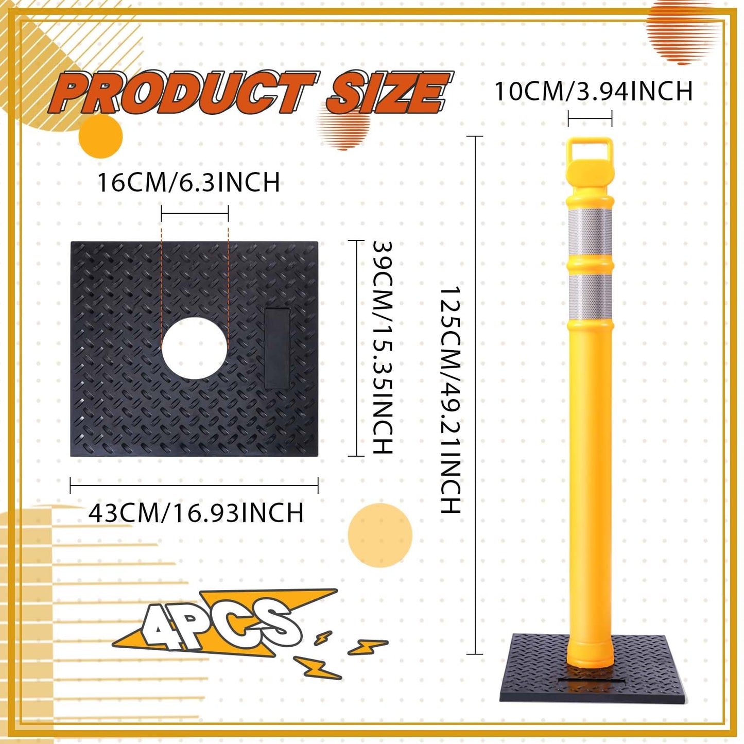 Kanayu 49 Inch Traffic Delineator Posts with 8.8 Lbs Rubber Base PE Delineator Post Portable Parking Pole Traffic Cone Barrier with Removable Base, Reflective Band(4 Packs,Yellow)