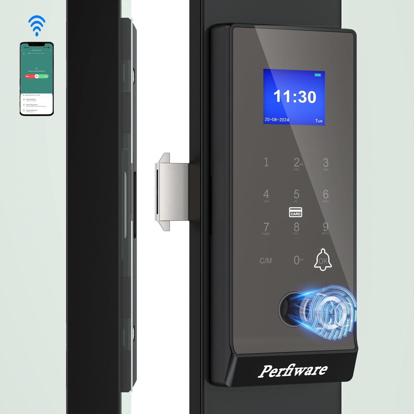 Perfiware Sliding Glass Door Lock LG75TY with APP,Smart Fingerprint Keypad Pin Screen Sliding Door Locks,Keyless Safety Lock for Sliding Door,Great for Office,Hotel,Apartment,Patio,Barn,Front Door