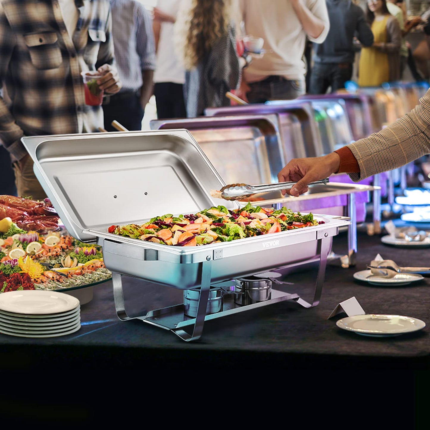 VEVOR Chafing Dish Buffet Set, 8 Qt 4 Pack, Stainless Chafer with 4 Full Size Pans, Rectangle Catering Warmer Server with Lid Water Pan Folding Stand Fuel Tray Holder Spoon Clip