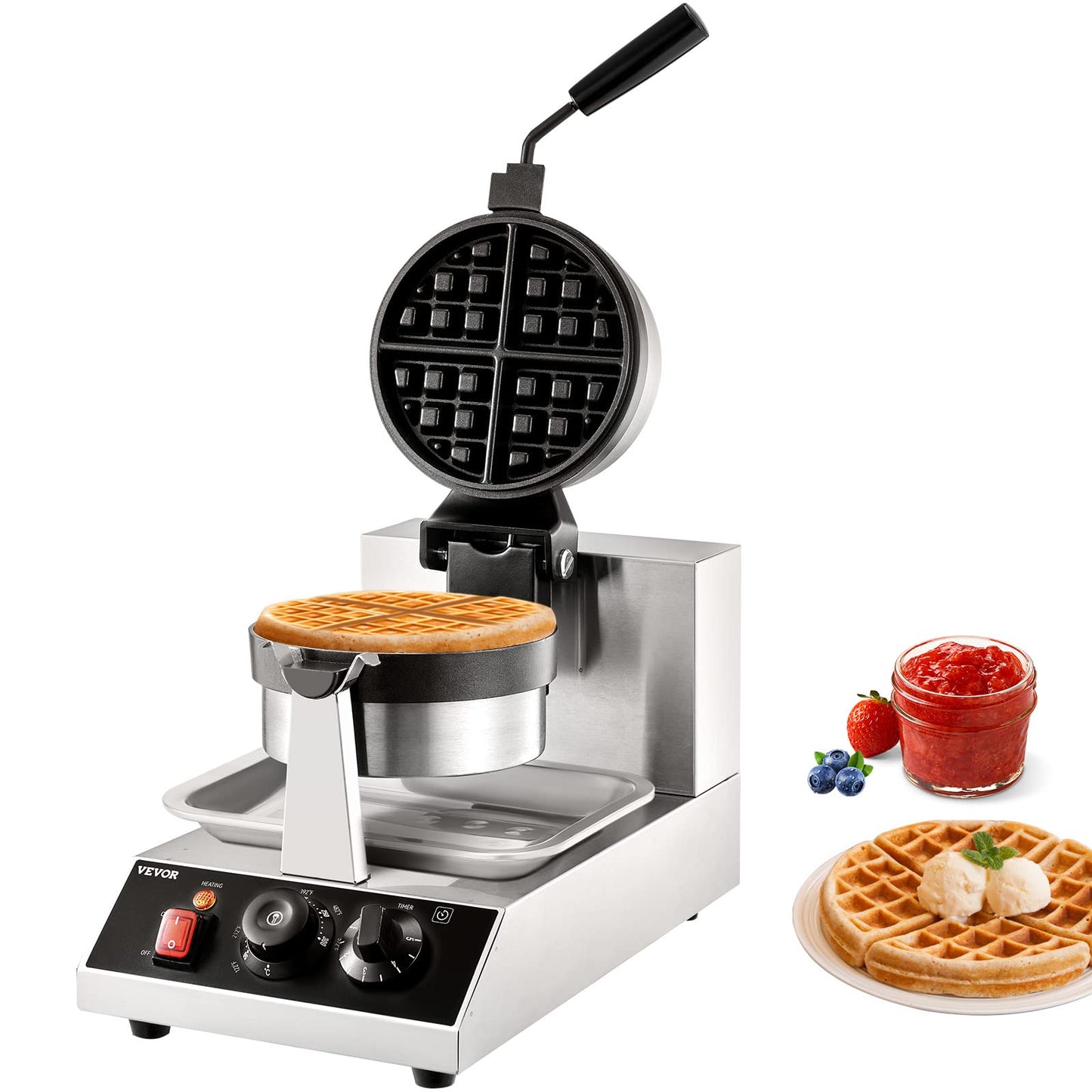 VEVOR Commercial Waffle Maker, 1300W Round Waffle Iron, Non-Stick Rotatable Waffle Baker Machine With 122-572℉ Temp Range and Time Control, Teflon-Coated Baking Pan Stainless Steel Body 110V
