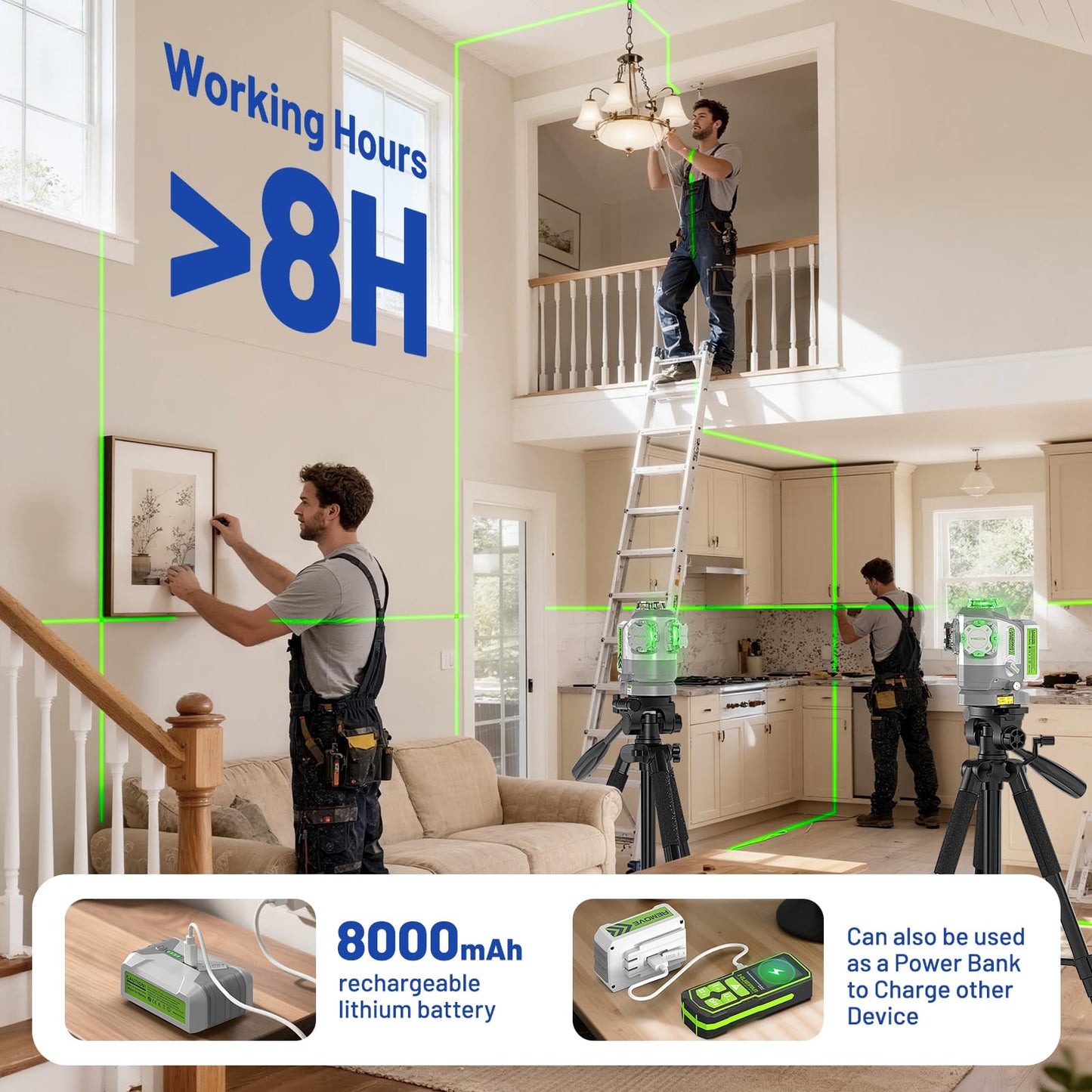 Huepar Pro 2026 New Outdoor Laser Level 360 Self Leveling with Fixed-Point Pivot Alignment, 3x360 Green Lazer Leveler Tool-Remote Control &Rechargeable Battery, 1/13" Accuracy for Construction GS03CG