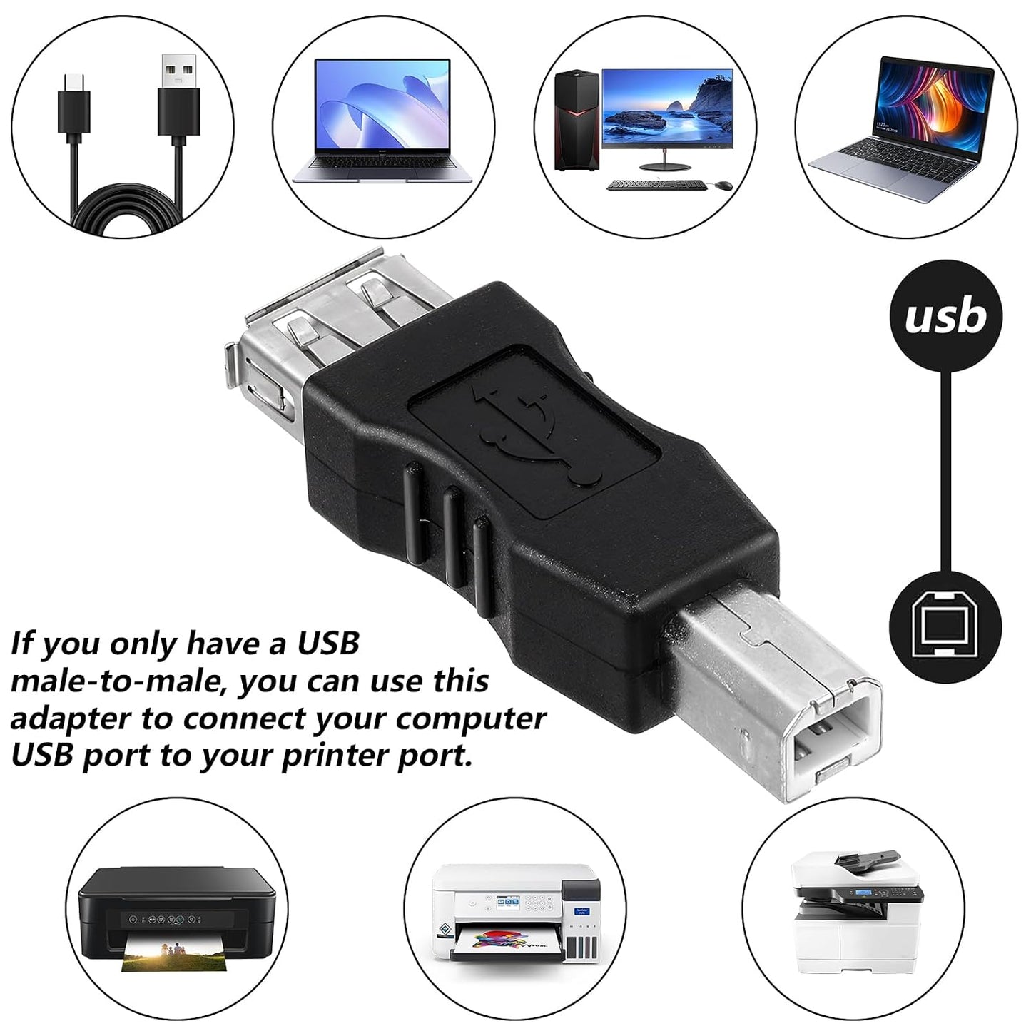 Xthrotsenk 2 2.0 Pcs A Female to USB B Male Printer Converter - USB A to B Adapter - AF/BM Adapter