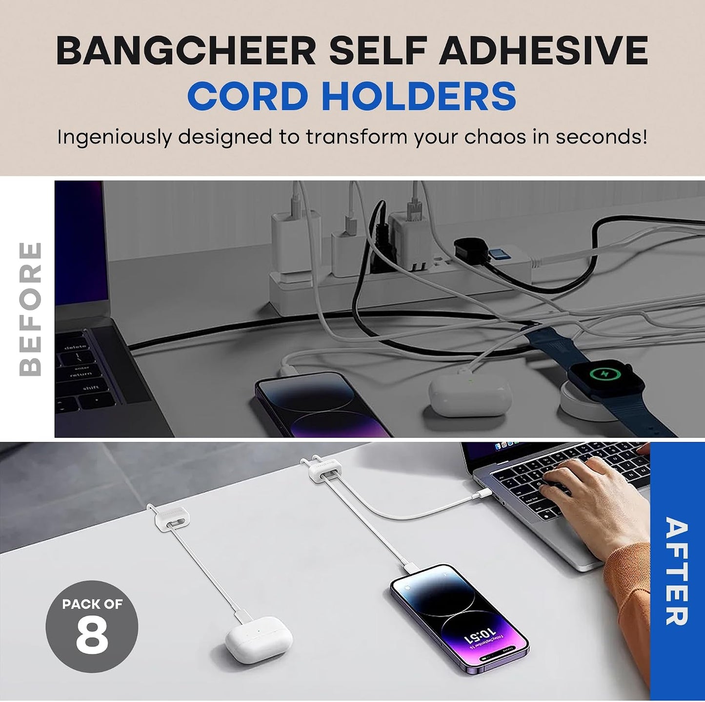BANGCHEER 8 Pack (White-8Pack) Dual-Slot Silicone Cord Cable Clips with Strong Nano Adhesive Cable Organizer