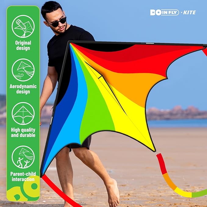 Delta Kite for Kids & Adults, Extremely Easy to Fly Kites, Single Line Beach Kite with Winder for Family Outdoor Games & Activities (Delta Rainbow)