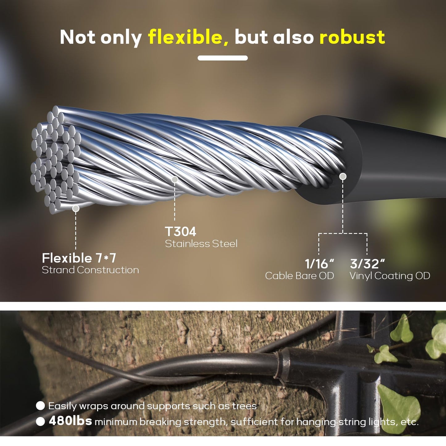 KALLSDY Vinyl Coated Wire Rope 1/16 Inch Overmolded to 3/32 Inch, 1000FT 304 Stainless Steel Cable with 300 Pcs Crimping Sleeves for String Light Hanging Kit, Clotheslines and Trellis Wire