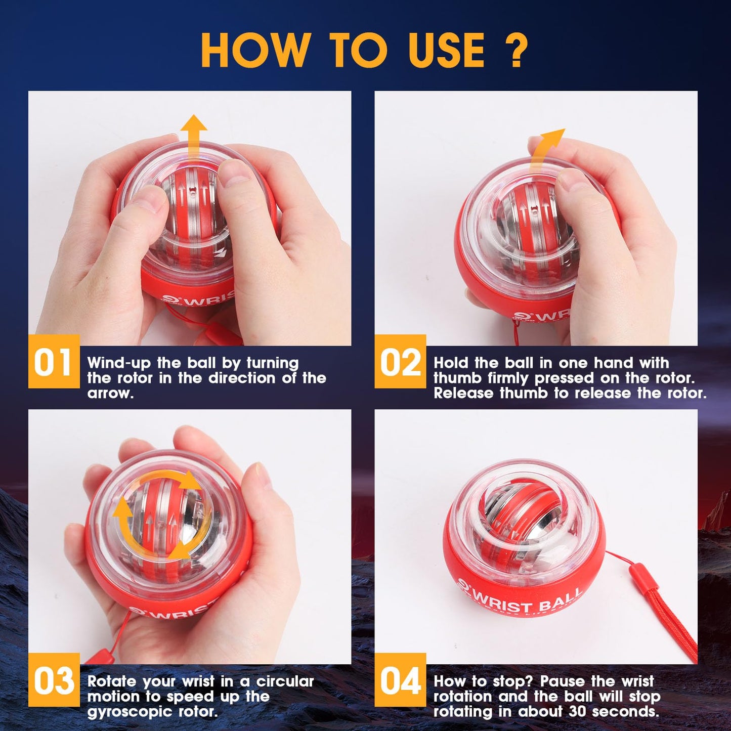 JIN BD Auto-Start Gyro Ball Wrist Trainer, Gyroscopic Forearm Exerciser for Strengthening Arms, Fingers and Muscles (Light Red Transparent with Colorful Lights)