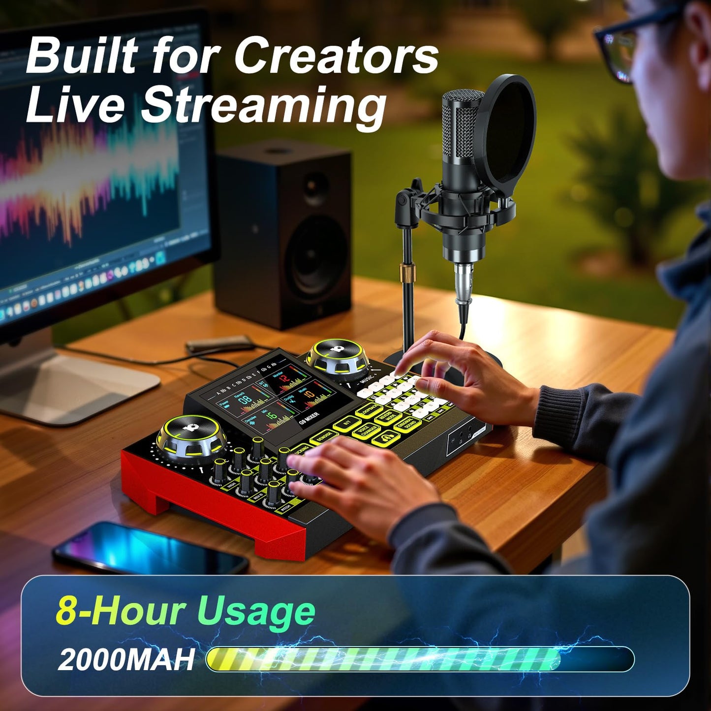 G9 Podcast Equipment Bundle with Audio Mixer for Streaming Singing, 3.5mm Condenser Microphone Kit, Voice Changer, Noise Reduction, Bluetooth, Plug & Play for PC, Phone, TikTok, YouTube