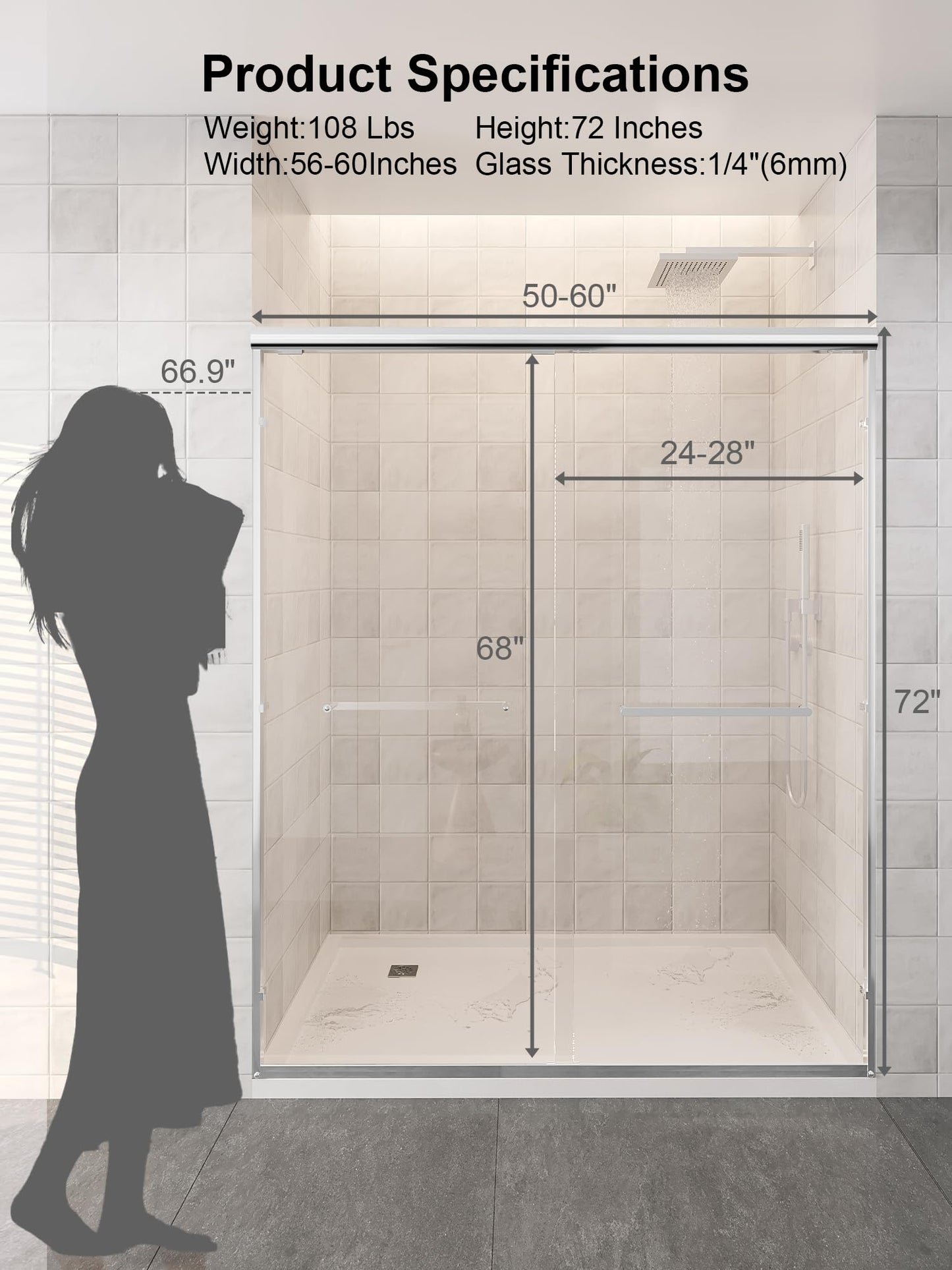Glass Shower Door, 56"-60" W x 72" H Sliding Shower Door, Aluminum Semi-Frameless & 1/4"(6mm) Clear Tempered with Explosion-Proof Film Nano Coating Shower Door Fit for Walk in Shower, Chrome Silver