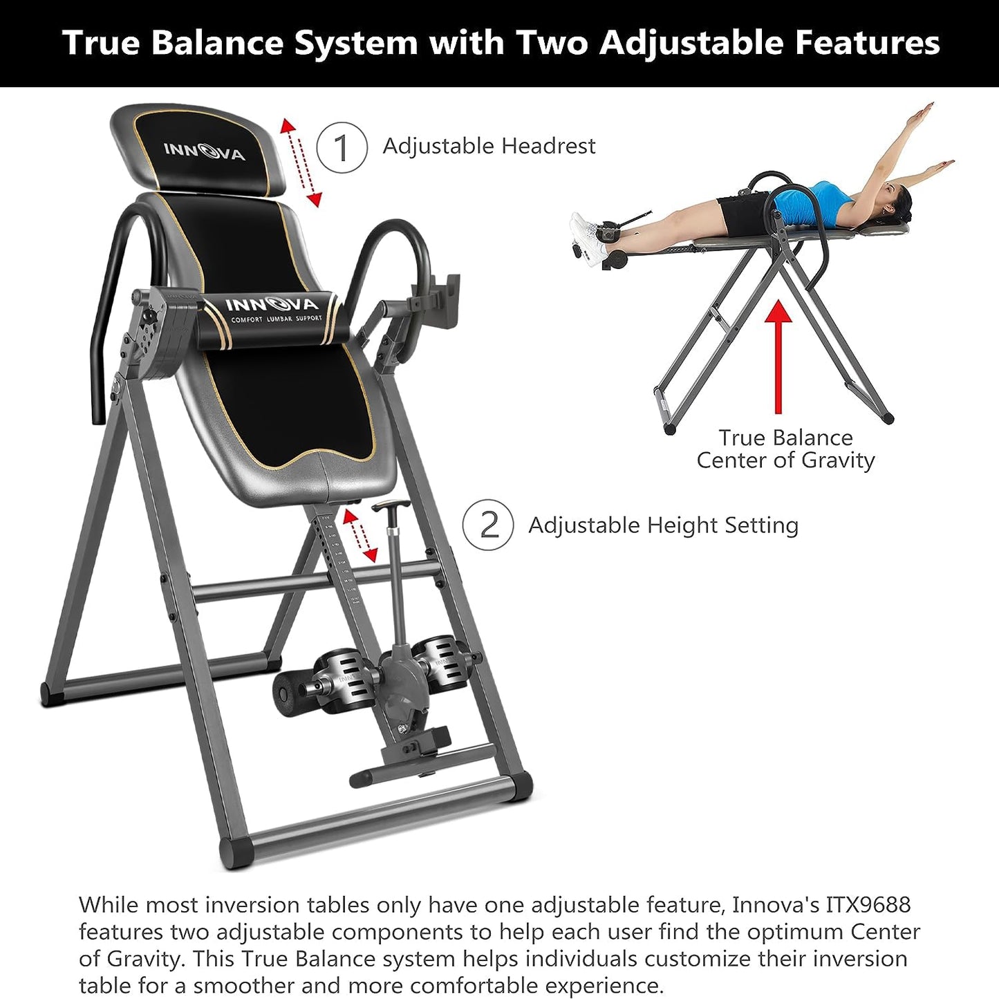 Innova Health and Fitness Inversion Table with Adjustable Headrest, Reversible Ankle Holders, and 300 lb Weight Capacity - Premium A