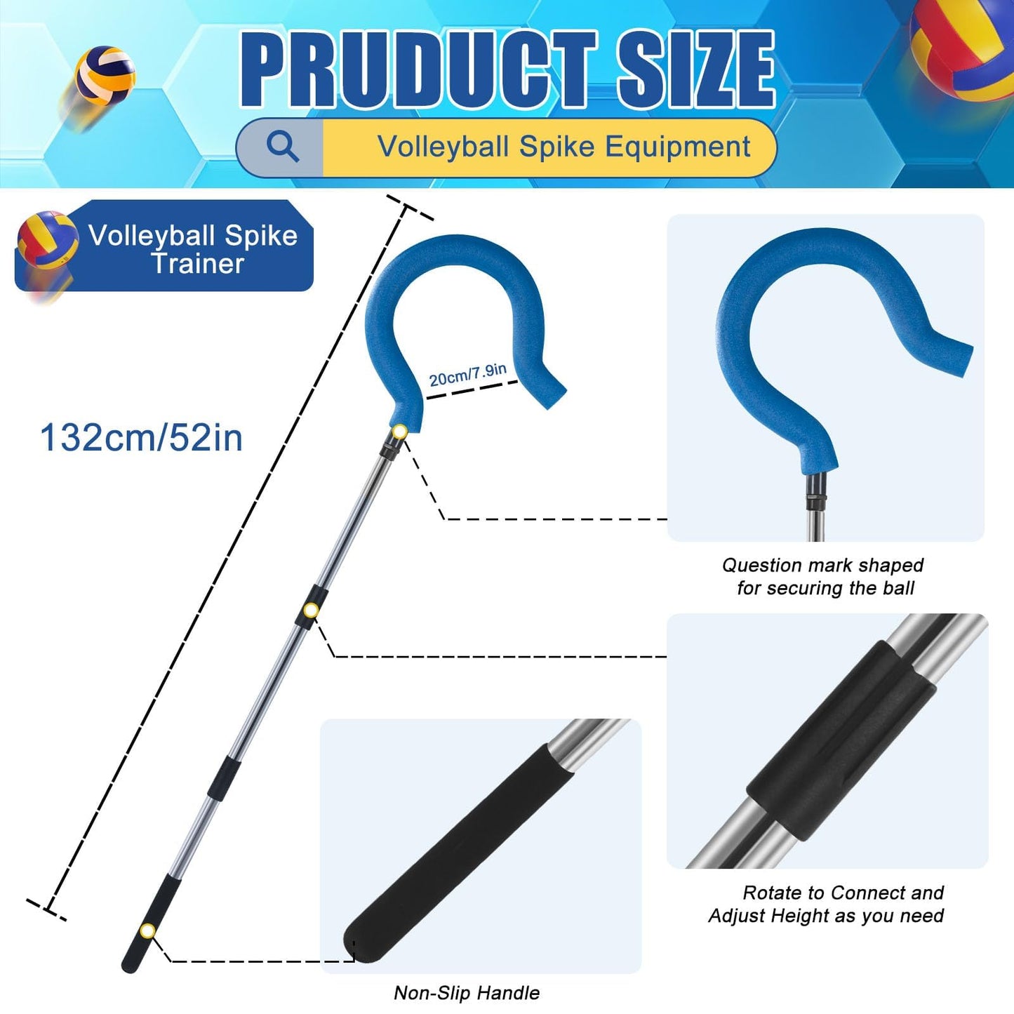 Adjustable Volleyball Spike Trainer with Question Mark Hook, Portable Lightweight Hitting Trainer for Serving, Spiking & Jump Training, Real-Ball Feel, Volleyball Gift for Beginners & Pros (No Ball)