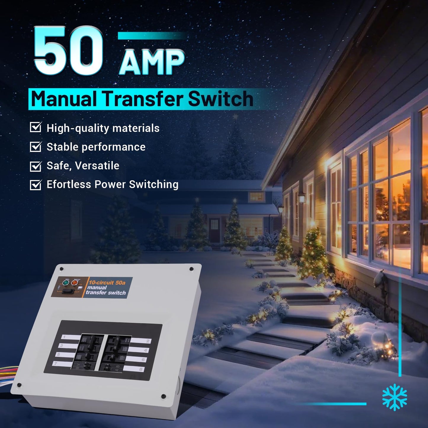 50 Amp Manual Transfer Switch Replacement for Generac 9854, 10-Circuit Selector, 240V Generator Hookup, Indoor Pre-Wired Manual Transfer Switch