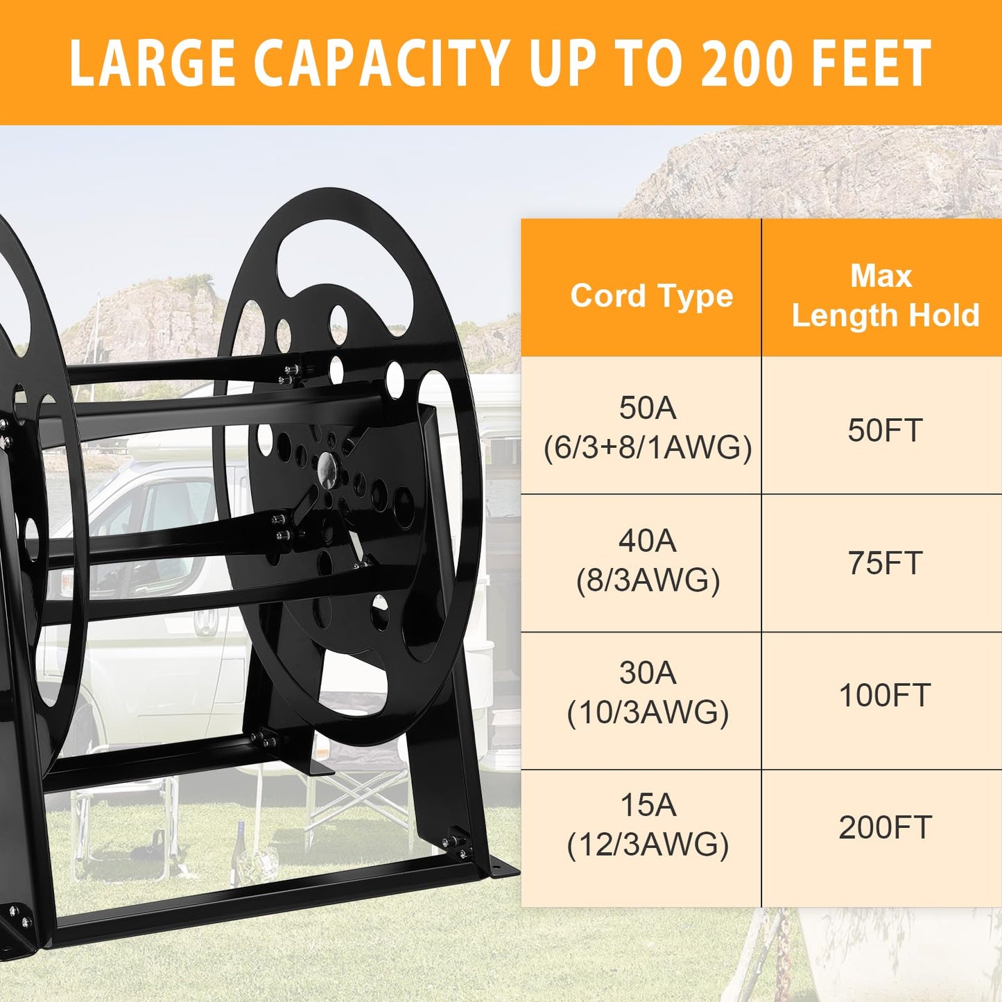 RV Extension Cord Reel Stand, 50-200 FT RV Extension Cord Reel Holder with Durable Bearings, Metal Heavy Duty Power Cord Storage Reel with Anti-rust Coating