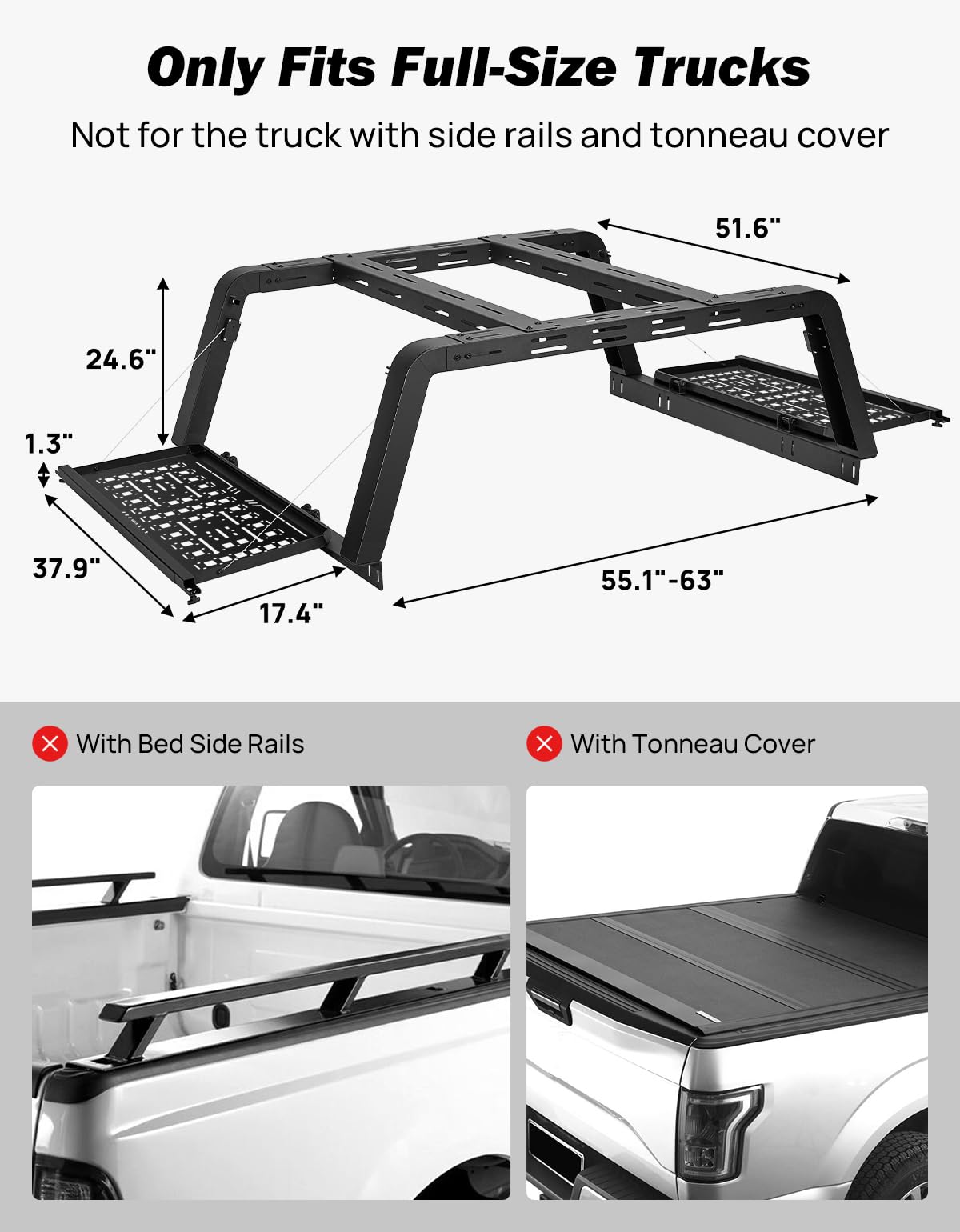 JOYTUTUS Full Size Truck Bed Rack, Overland Bed Racks for Trucks Compatible with F150 F250 F350 Silverado Sierra Ram, 24.6 Inch High Truck Bed Rack for Roof Top Tent, with Foldable Molle Panel