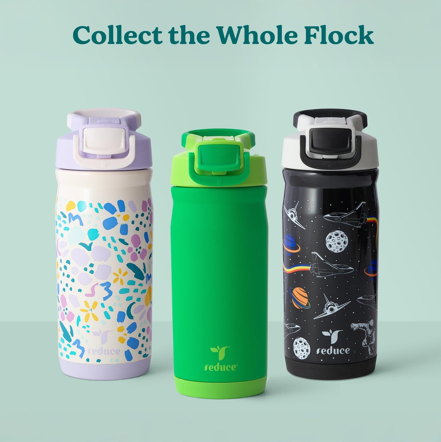 Reduce Hydrate Pro Kids 14oz Stainless Steel Insulated Water Bottle w/Straw – Spill Proof Tumbler for Kids – 30 Hour Cold Retention – Dishwasher Safe Leak-Proof Design - Jurassic Space
