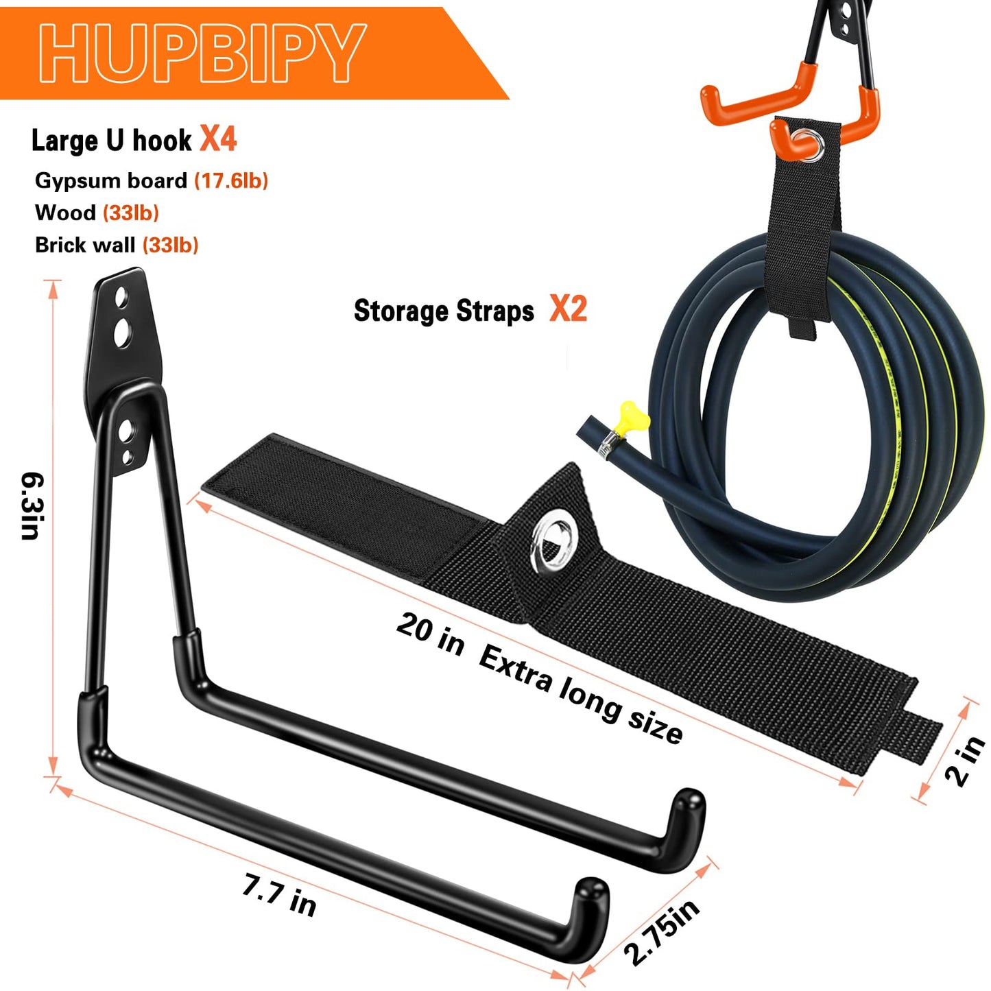HUPBIPY Heavy Duty Garage Hooks 4 Pack, 7.7 inch U Shaped Long Hanger, with 2 Extension Cord Holder Organizer, Wall Mounted Storage System, for Power and Garden Tool Hanging， Ladders, Bikes, Hose