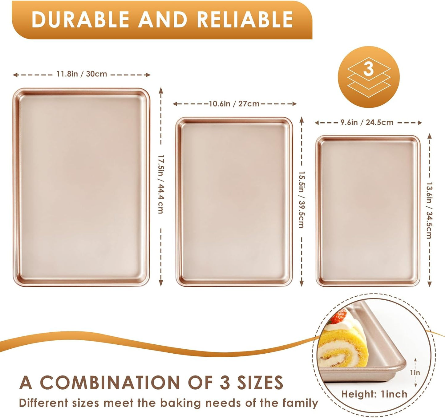 Skiennix Baking Sheet Pan Set - Nonstick Cookie Sheets for Easy Baking | Heavy Duty Rose Gold, 3-Piece Set