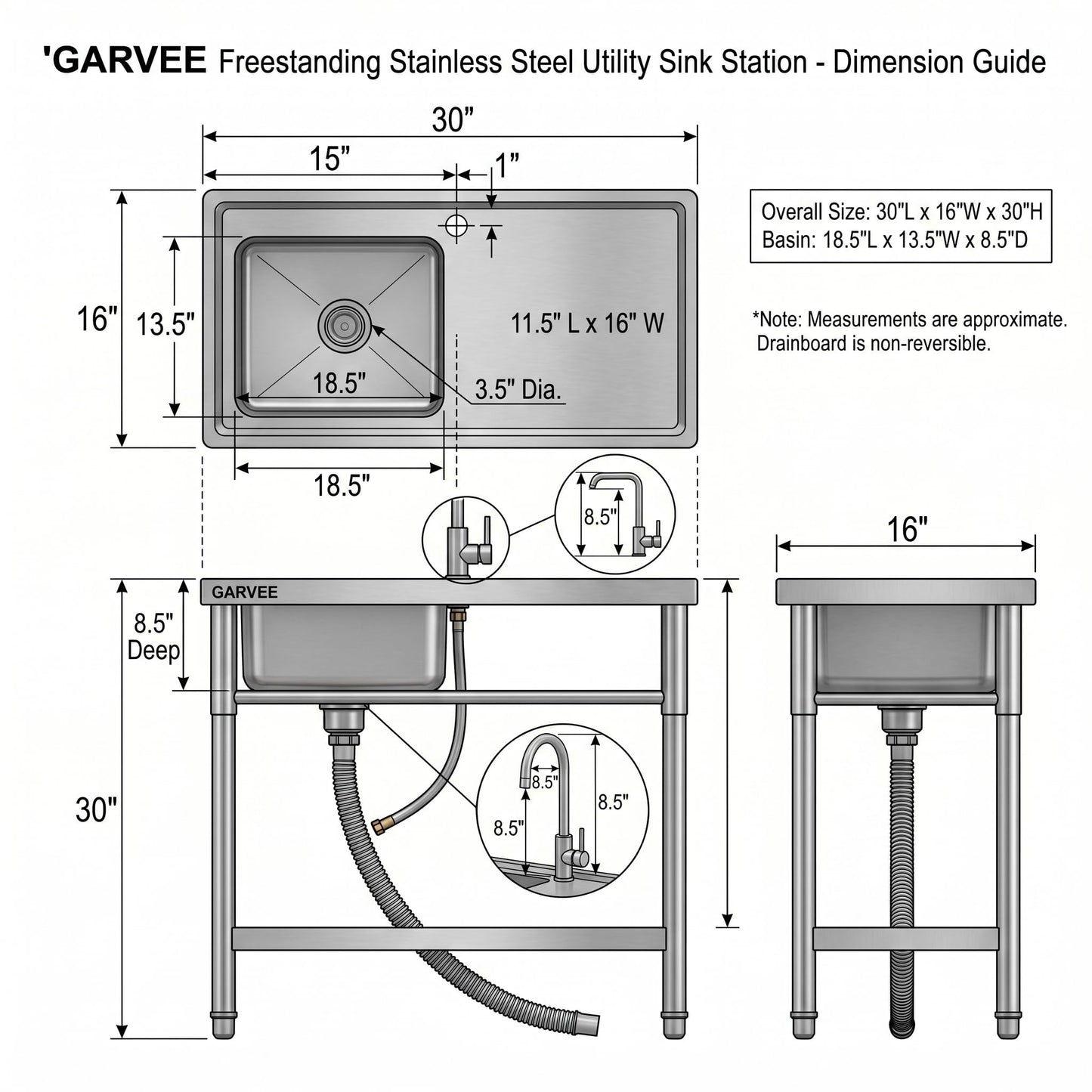 Freestanding Utility Sink 30 x 16 x 30 Inch, Stainless Steel Single Bowl Laundry Sink with Side Drainboard, t-Shape Hot and Cold Water Faucet, Compact Wash Station for Garage Basement Apartment