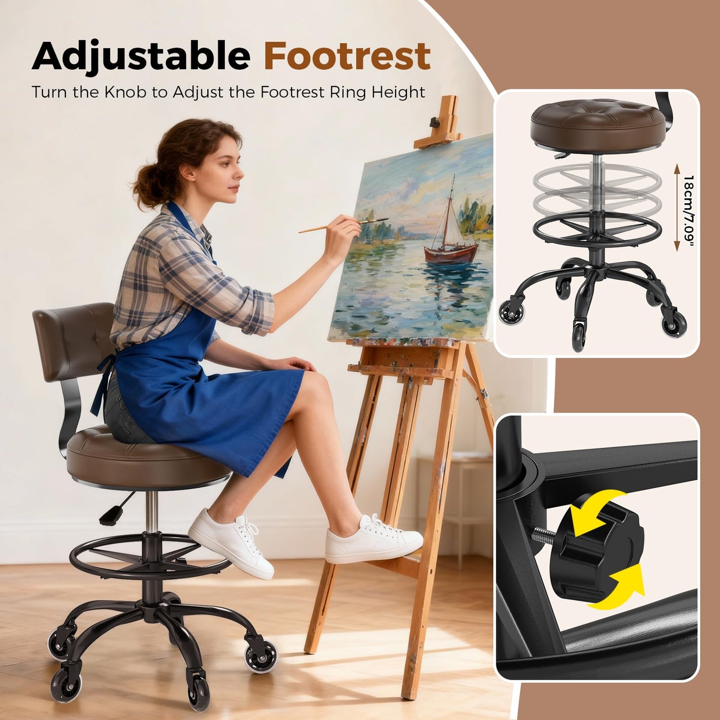 FREEKYROCK Office Drafting Chair with Footrest, Tall Height Adjustable Stool with Back Support, Heavy Duty Rolling Stool Chair with Wheels for Office Home Kitchen Bar Shop Guitar Studio Vanity, Brown