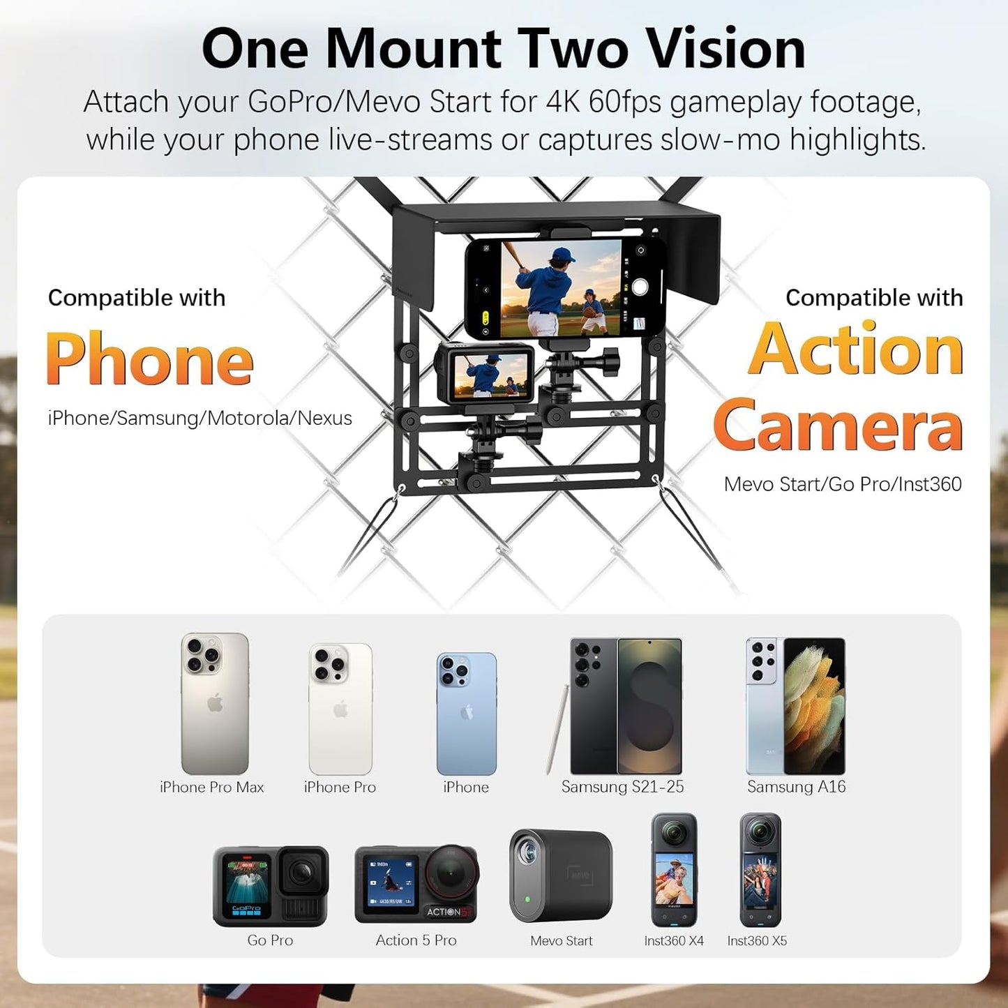 AMAZEAR Phone Fence Mount with Magnetic Shade, Action Camera Fence Mounting Kit for iPhone Samsung Mevo Start Go Pro