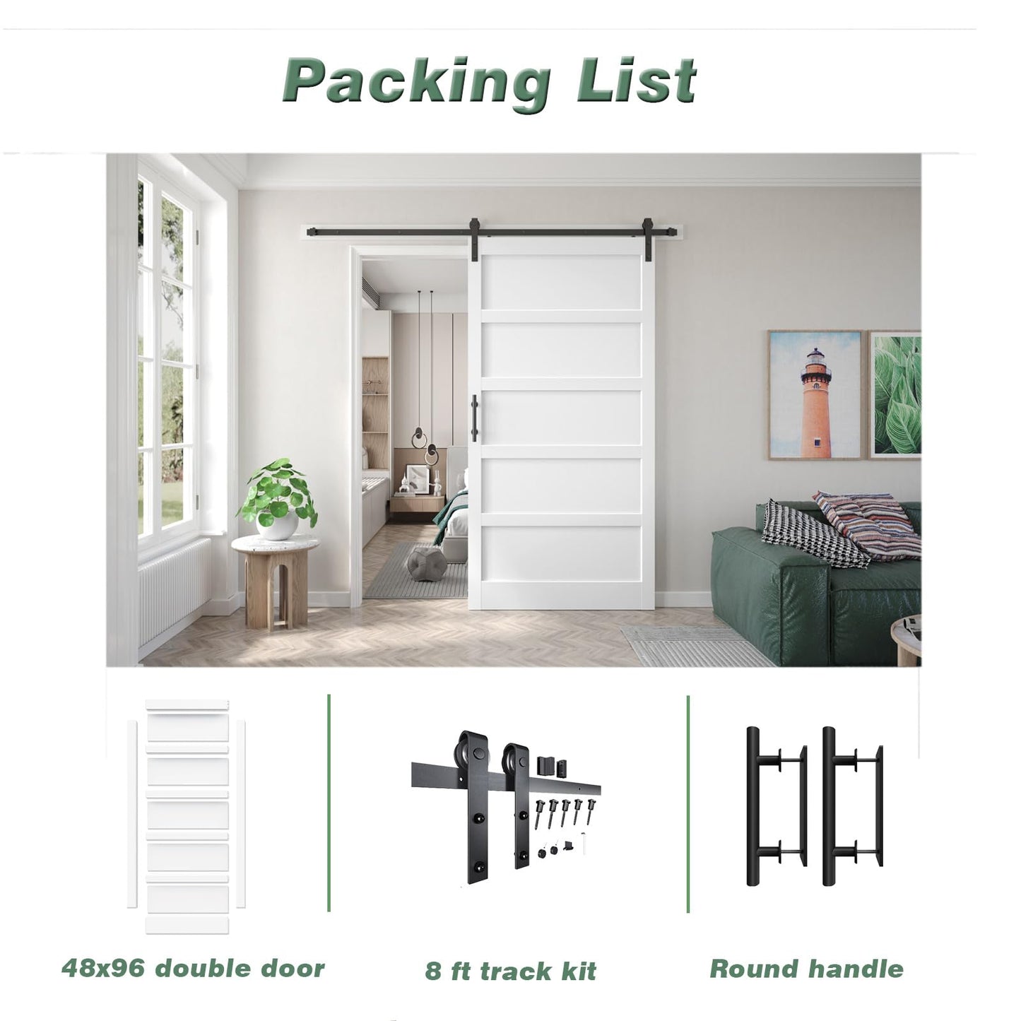 Fredbeck 48x96 inch White Barn Door with 8FT Sliding Door Hardware Kit Included & Handle,MDF,Solid PVC Surface,DIY Assembly,5-Panel