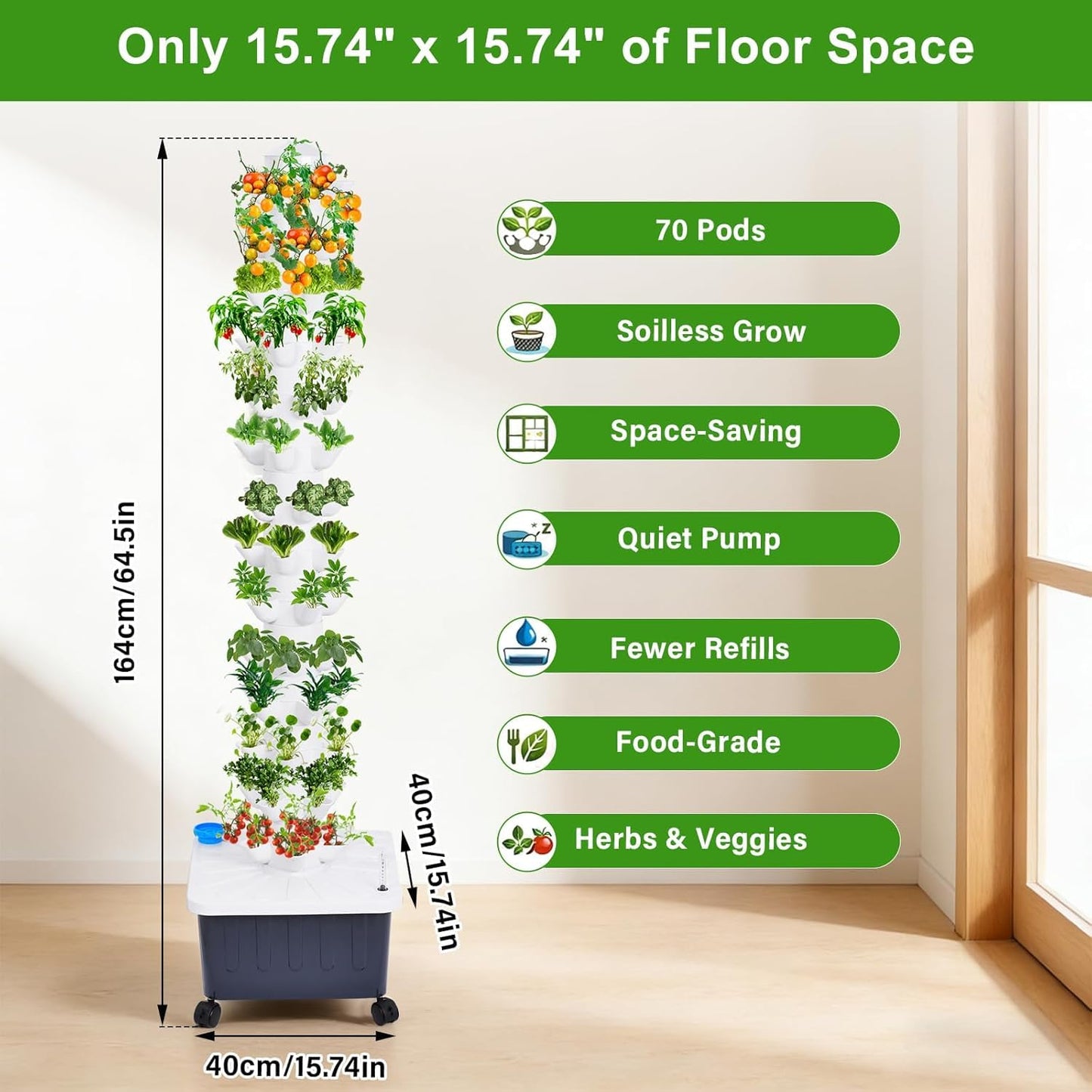 Hydroponic Tower, 14-Layer Hydroponics Growing System Kit with 70 Slots, Vertical Garden System with 20L Water Tank and Pump for Indoor Outdoor Home, Balcony & Patio