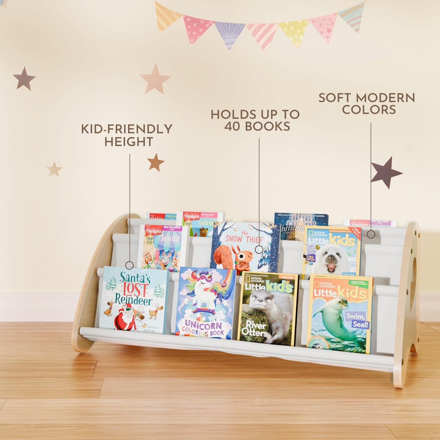 yoopin Kids Bookshelf, 4-Tier Montessori Book Shelf for Kids Rooms, Easy Installation, Eco-Friendly Wooden Storage Organizer,28.7” x 15.7” x 13.6” Natural/White