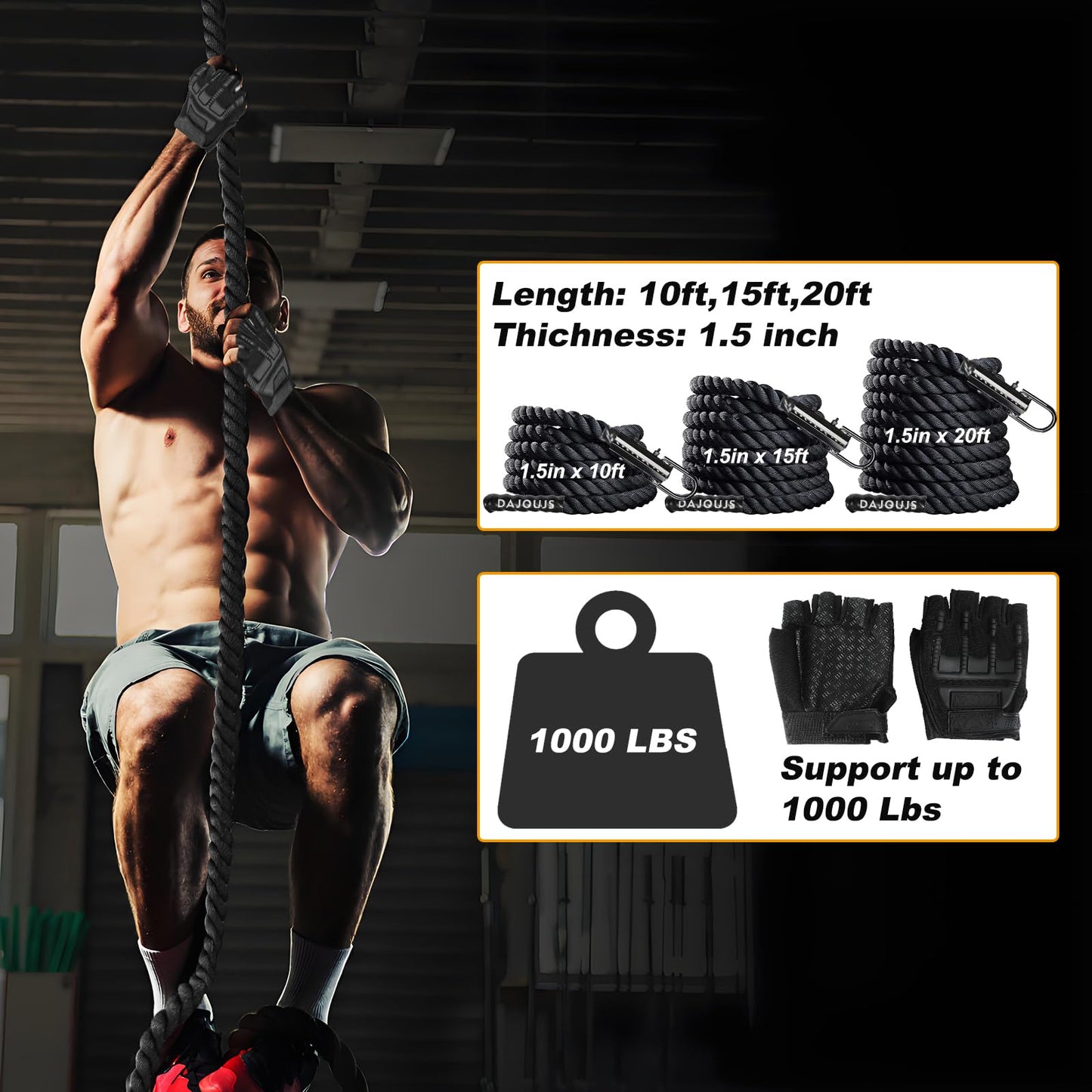 Climbing Rope Climbing Rope 1.5 Inch Diameter 15Feet Length Gym Climbing Rope for Workout Fitness & Strength Training, Gym Rope, Exercise Climbing Rope in Black for Adults or Kids Outdoor & Indoor