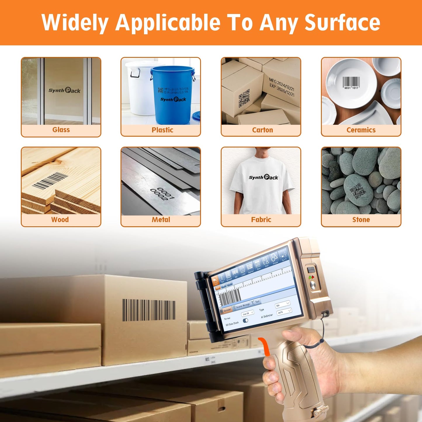 Handheld Inkjet Printer, 1200 DPI Portable Handheld Printer with 6.5 Inch Touchable Screen, 0.5 Inch Print Height for Printing QR Barcode Batch Number Logo on Plastic Carton Wood Metal Glass (SH1)